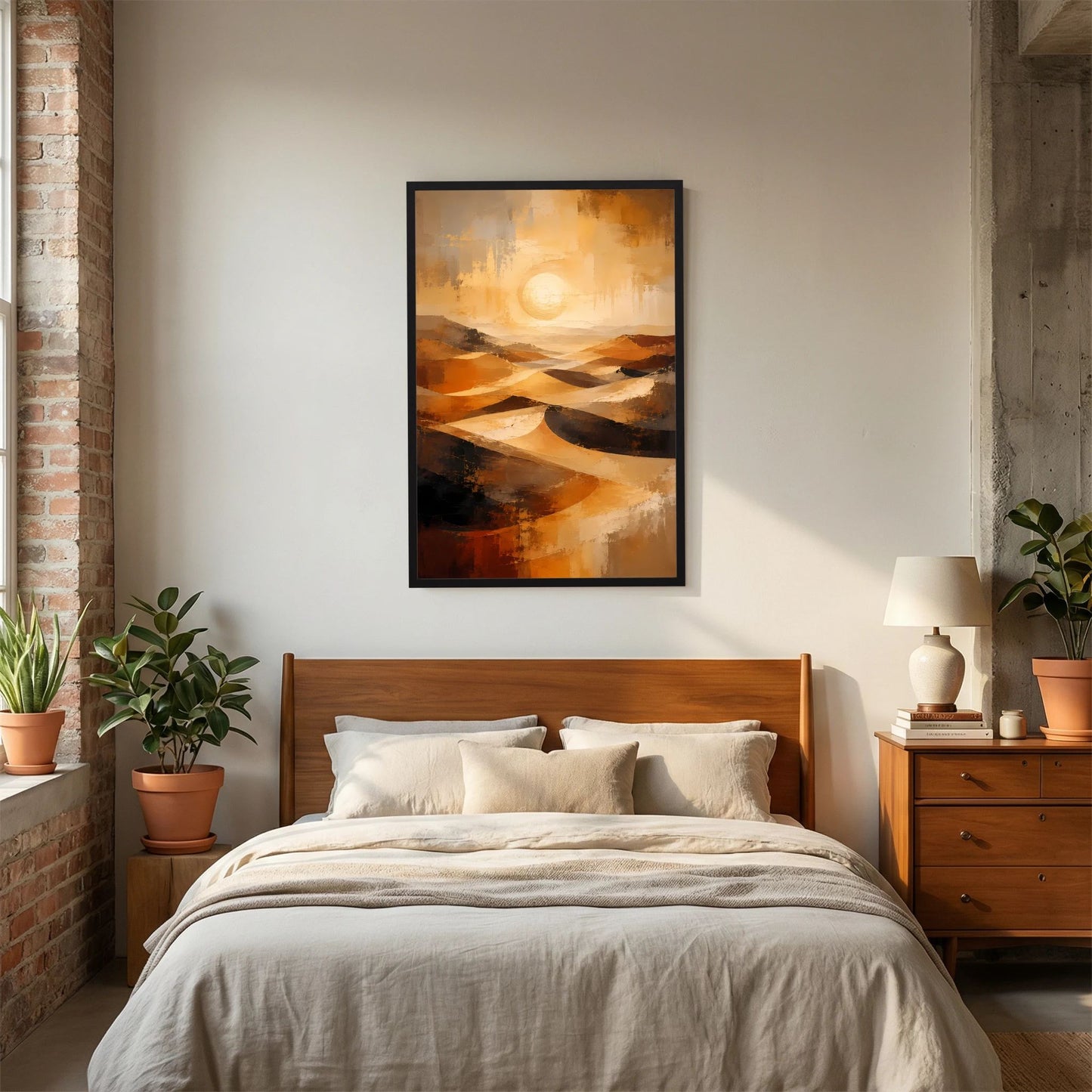 Abstraktes Wüstenlandschafts-Poster mit schwarzem Rahmen, Gold-Orange, im Hochformat