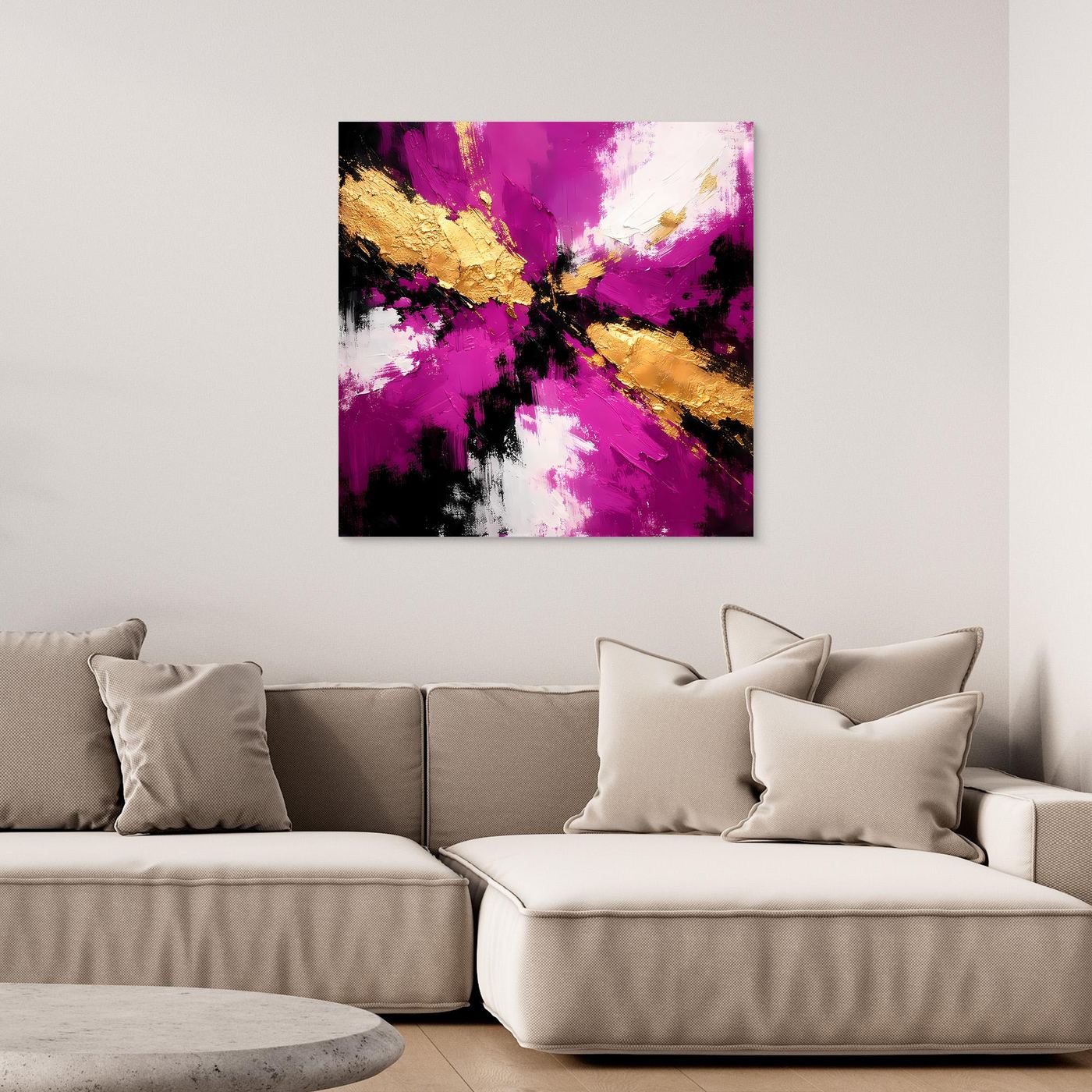Leinwand Abstraktes Farbenspiel in Magenta und Gold | Modernes Expressives Wandbild