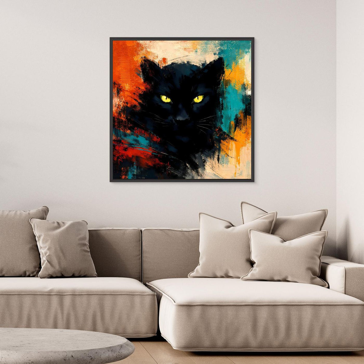 Leinwandposter mit schwarzem Panther und gelben Augen, abstrakter Farbexplosion, dunkler Rahmen