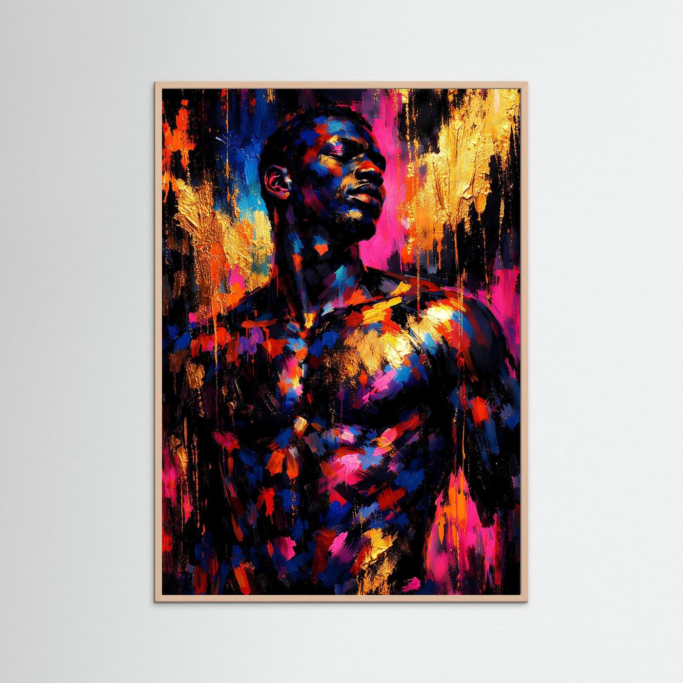 Abstraktes Kunstposter mit männlichem Porträt, Blau/Magenta/Gold, rosafarbener Holzrahmen