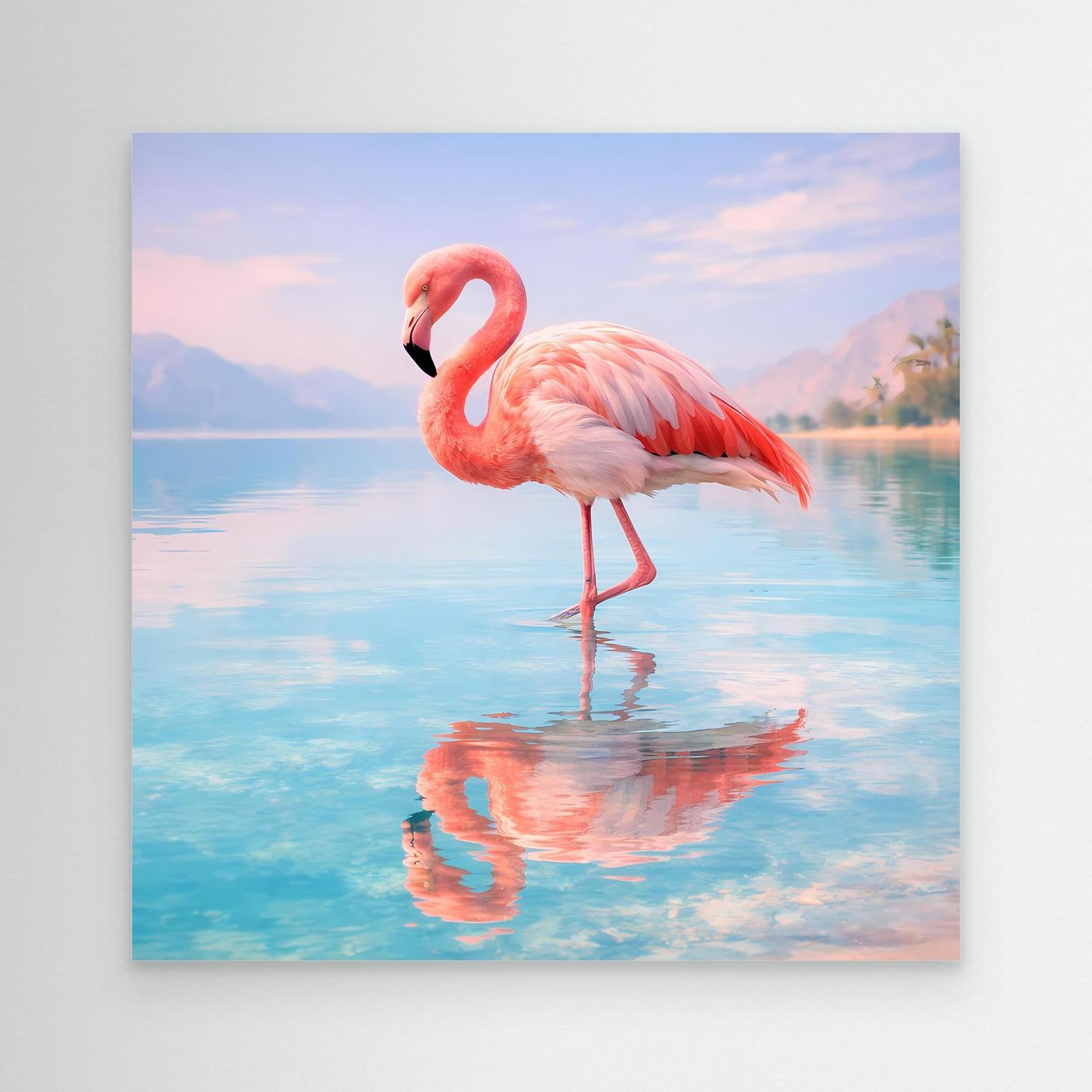 Wandbild mit Flamingo am See, ohne Rahmen