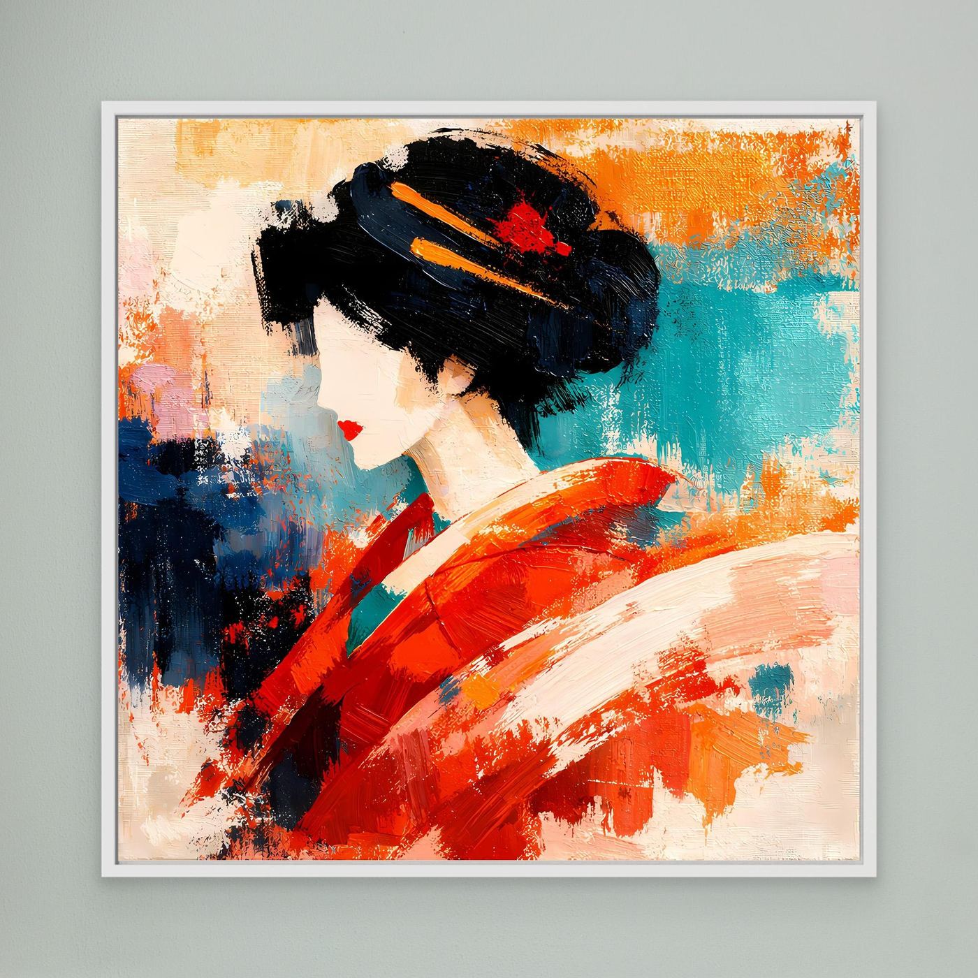 Geisha portrait wall art with white frame, black hair and red brushstrokes on teal