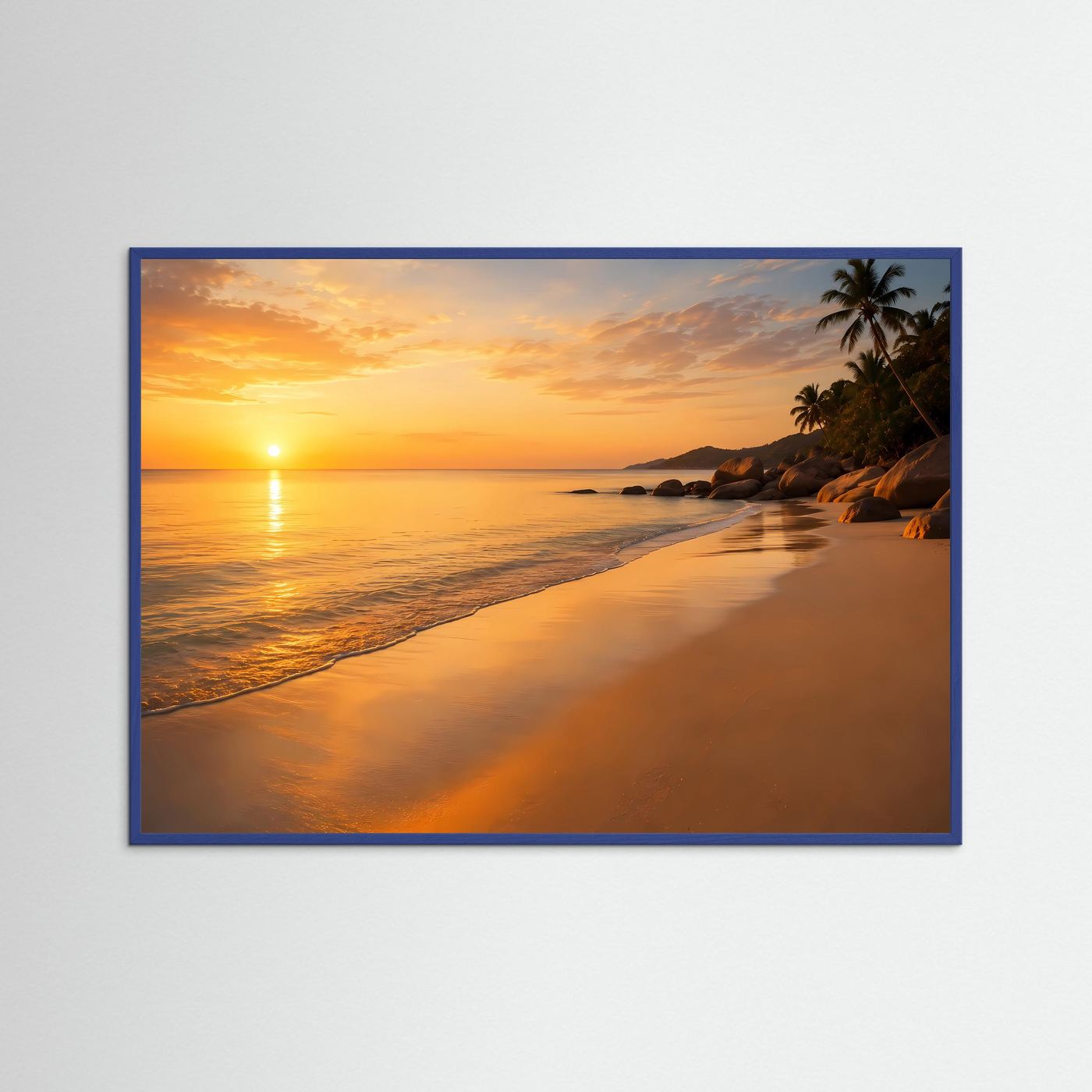 Wandbild mit blauem Rahmen: tropischer Strand bei Sonnenuntergang mit Palmen