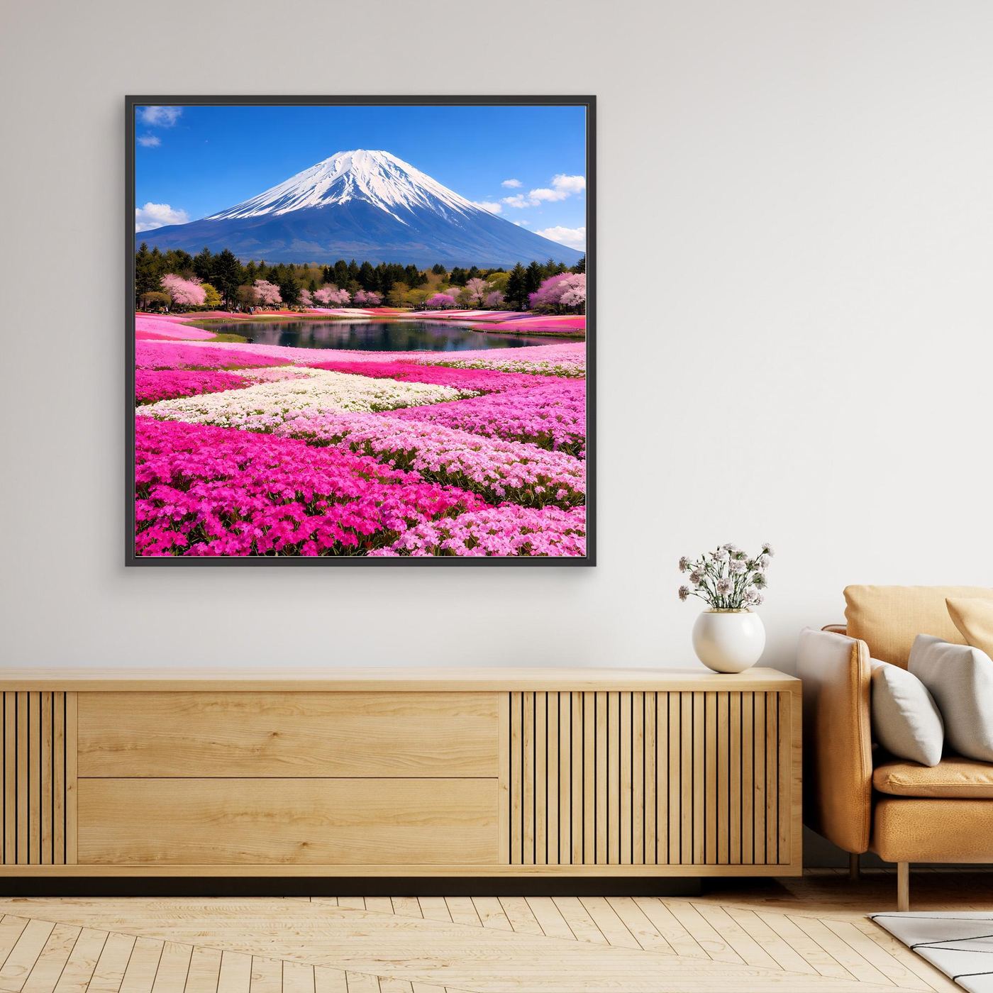 Leinwandbild „Fuji“ mit Kirschblüten, schwarzer Rahmen