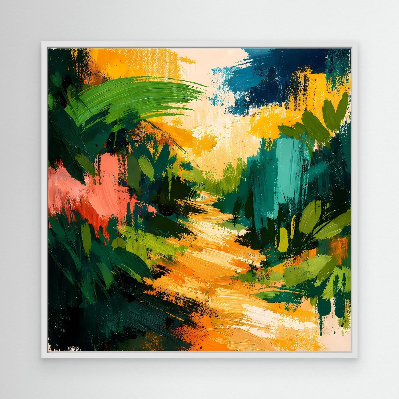 Abstract forest path canvas wall art with white frame, vivid green and orange