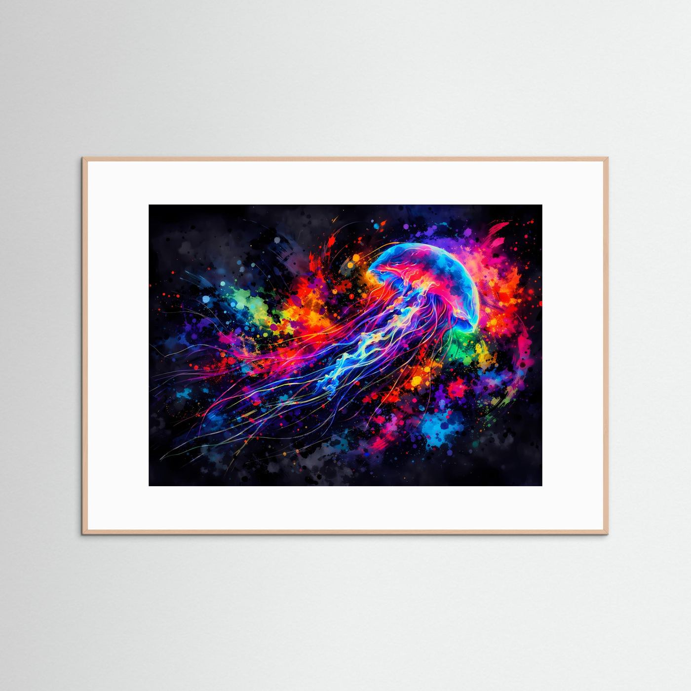 Abstraktes Quallen-Kunstposter mit Meduse und Farbexplosion, Querformat, naturholzfarbener Rahmen.