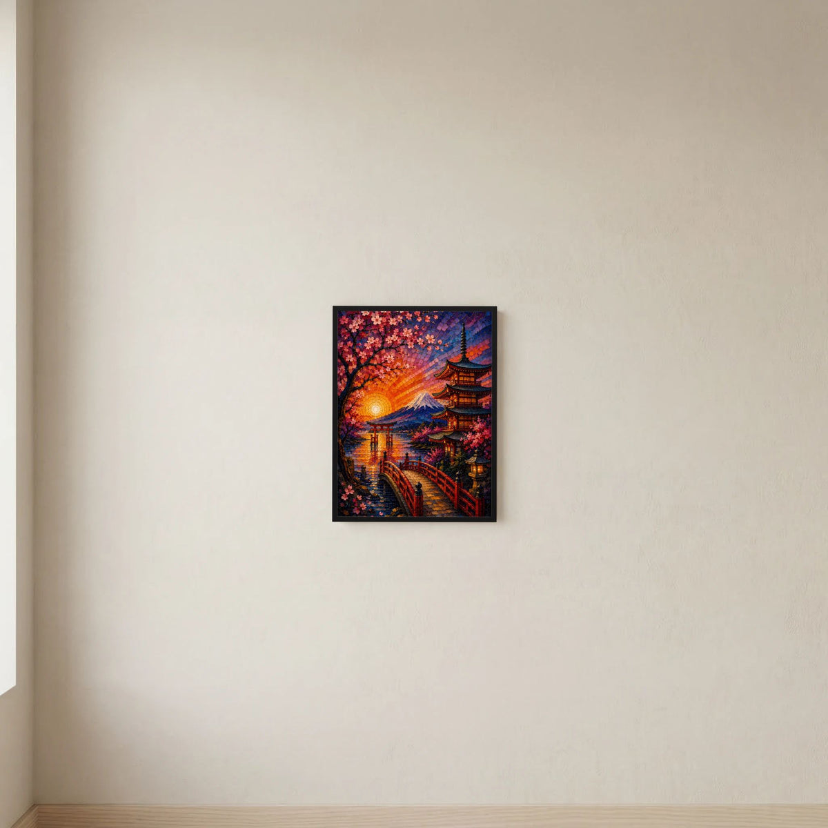 Gerahmtes Mosaik-Poster mit Kirschblüten, Pagode und Fuji bei Sonnenuntergang