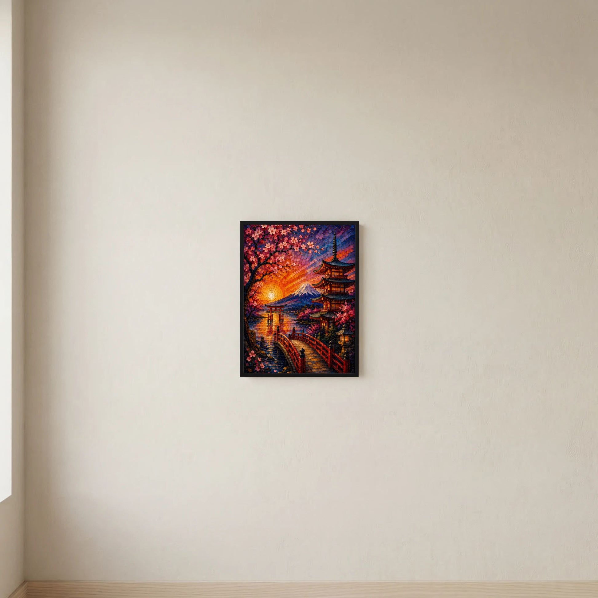 Gerahmtes Mosaik-Poster mit Kirschblüten, Pagode und Fuji bei Sonnenuntergang