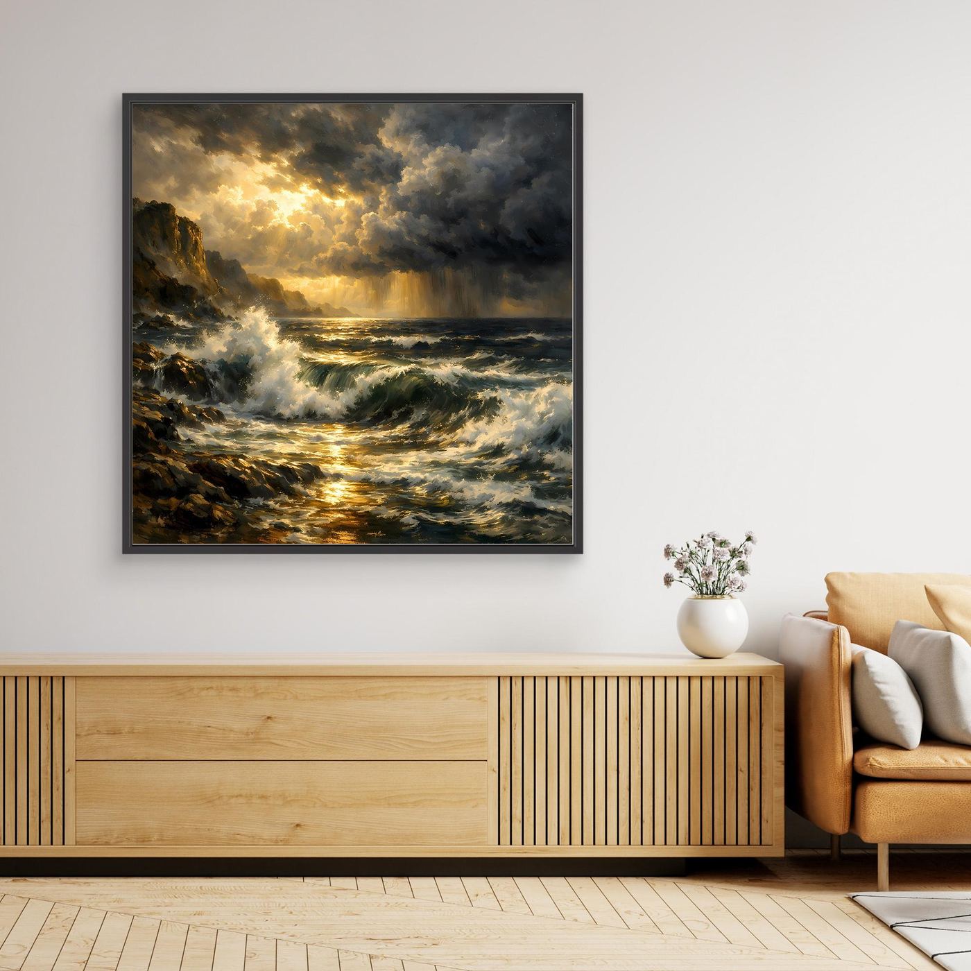 Leinwandbild mit stürmischem Meer, goldenen Lichtstrahlen und schwarzem Rahmen