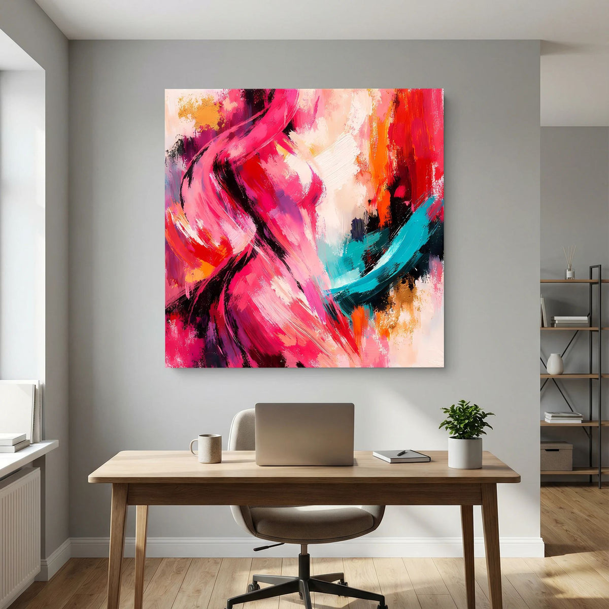 Leinwandbild mit abstrakter weiblicher Silhouette, viele Pinselstriche in Pink und Rot