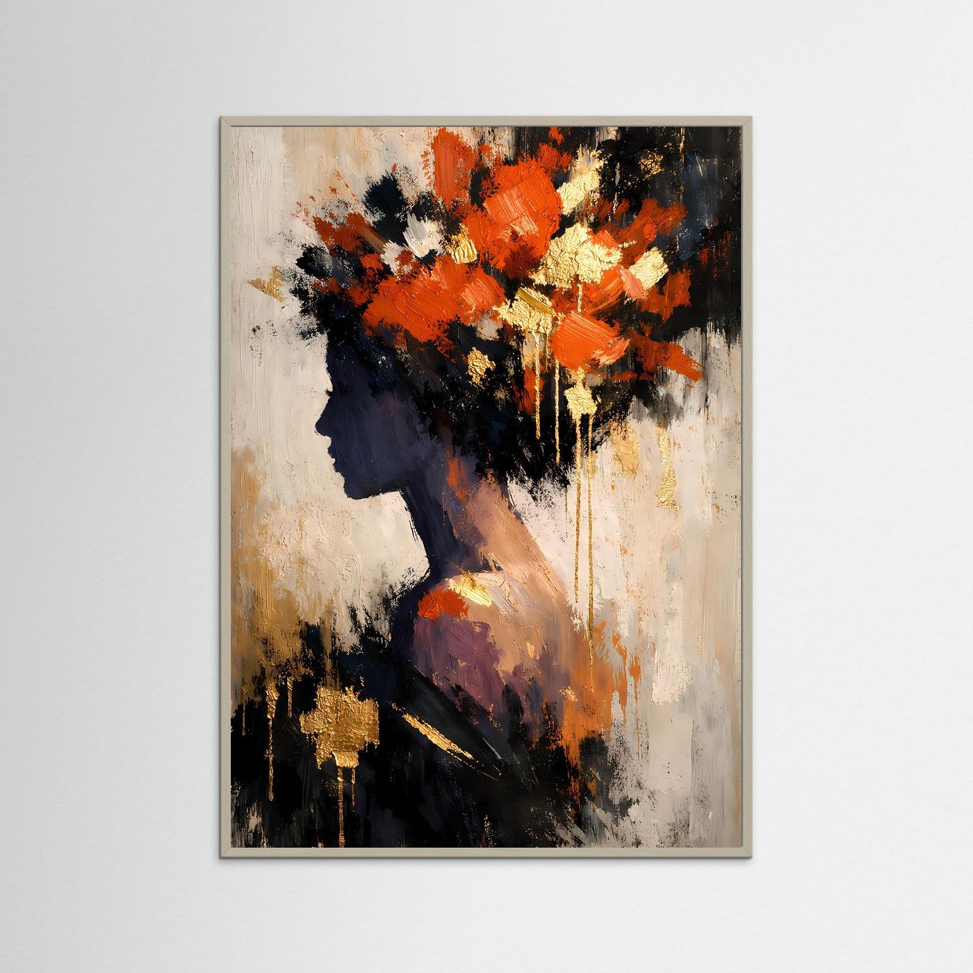 Kunstposter mit abstraktem Frauenprofil im Graurahmen, orange, goldgelb, schwarze Farbflächen