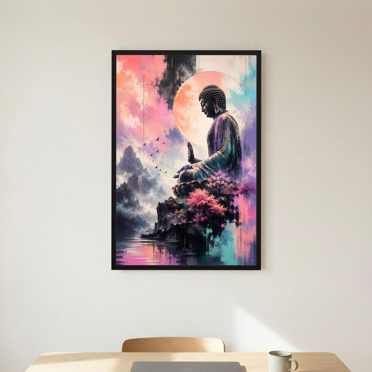 Hochformatiges Buddha-Poster mit meditierender Figur, Bergen und Kirschblüten, schwarzer Rahmen