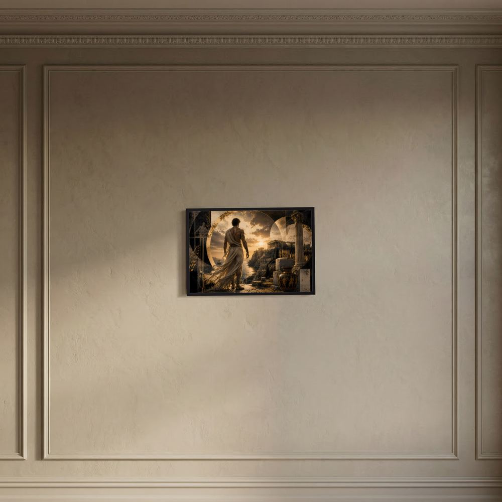 Wand-Poster im Querformat mit dunklem Rahmen, antiker Krieger in goldener Kulisse.