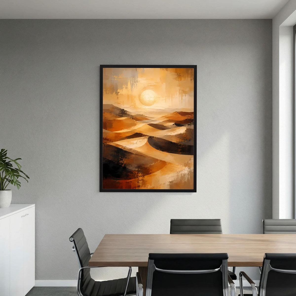 Abstraktes Wandposter mit Wüstenlandschaft in Gold und Orange, Dünen und leuchtender Sonne