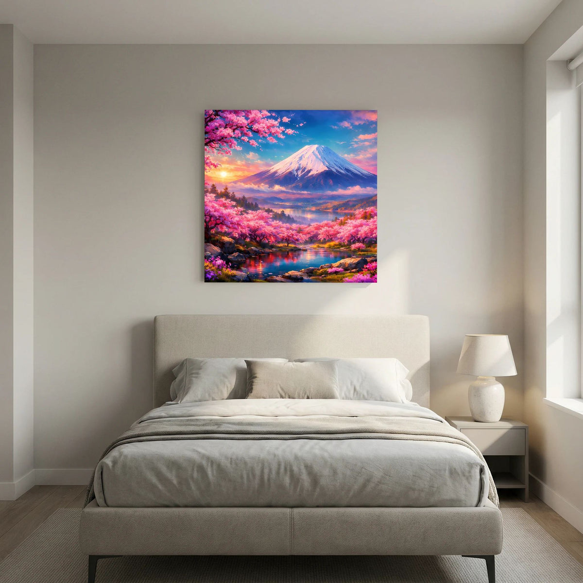 Quadratisches Leinwandbild auf Holzkeilrahmen mit Fuji und Kirschblüten bei rosafarbenem Himmel