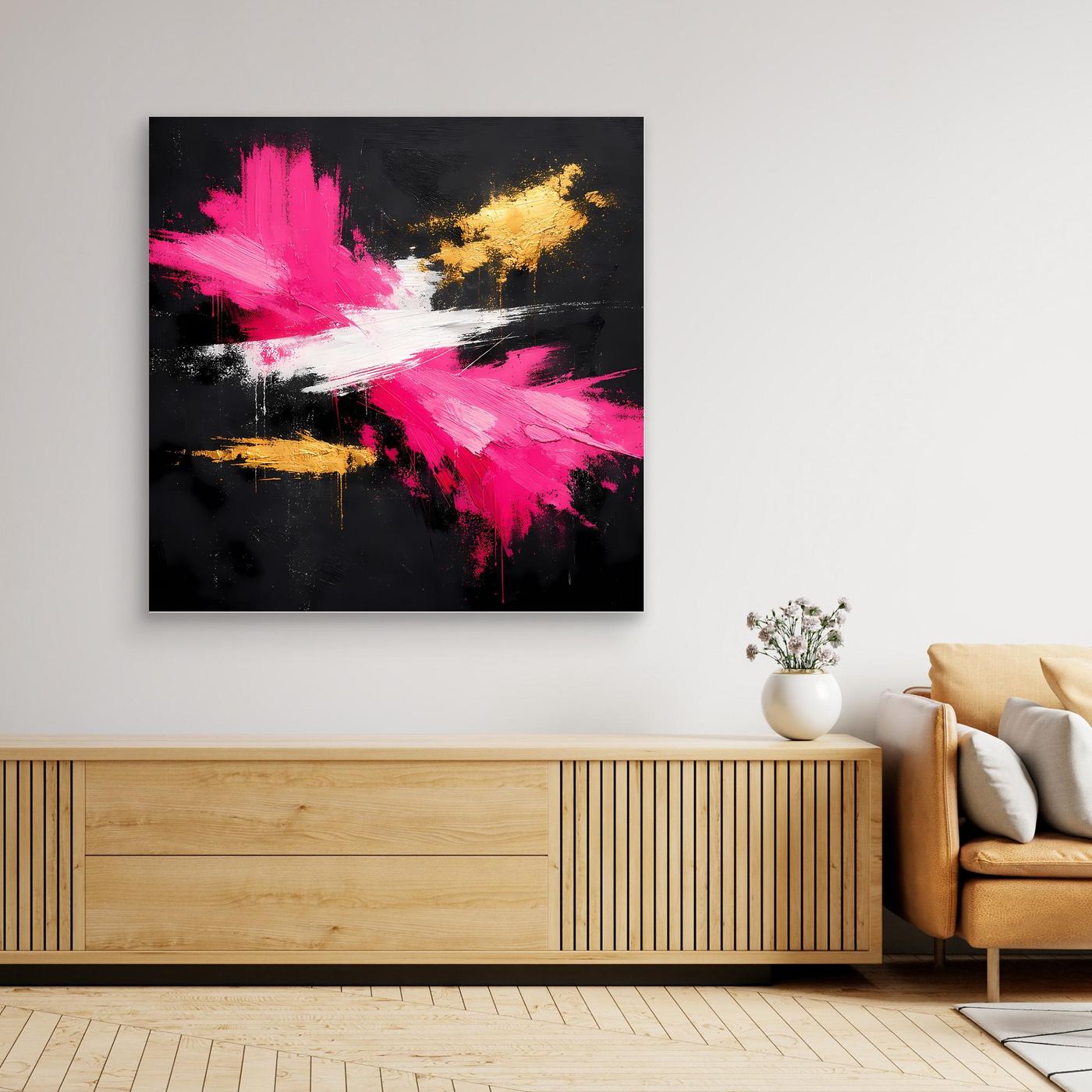 Leinwand Abstraktes Farbfeuerwerk in Pink & Gold | Modernes Acryl-Stil Wandbild