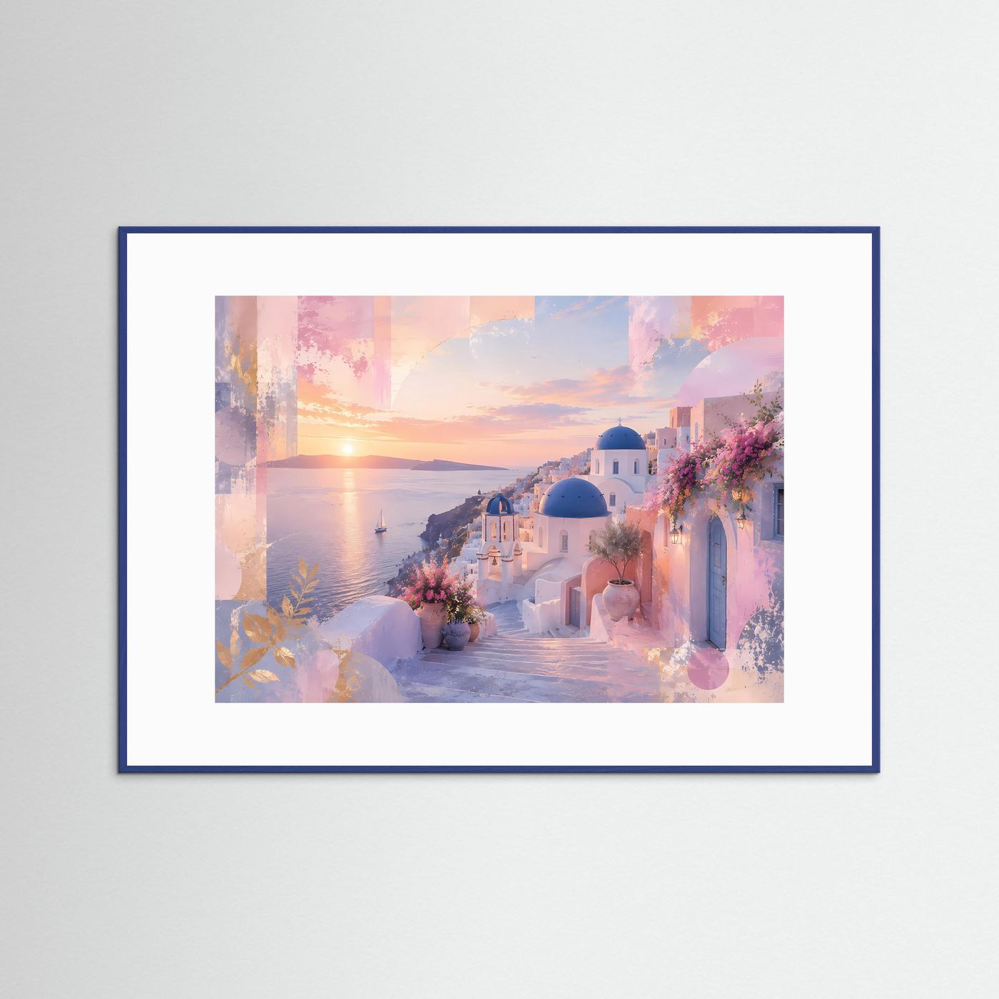 Santorini Poster | Pastell Griechenland Wandbild | Mediterrane Küstenlandschaft | Abstrakte Architektur Kunst | Sonnenuntergang Leinwand