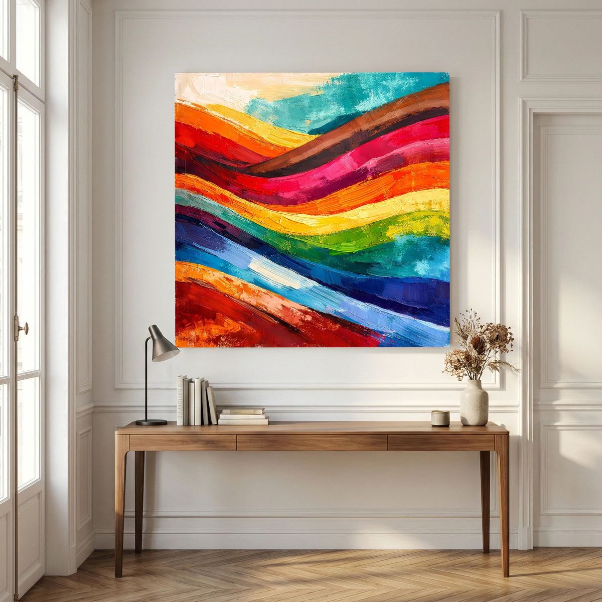 Abstraktes Leinwandbild über einer Holzkommode: regenbogenartige, geschwungene Farbflächen.