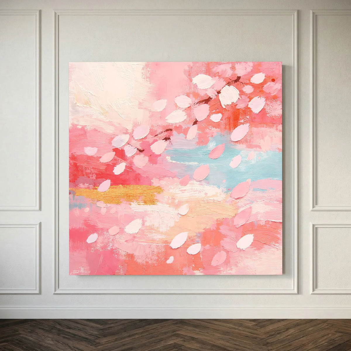 Quadratisches Leinwandbild mit Kirschblüten-Abstract, Pastellrosa, Weiß und sanften Blauflächen
