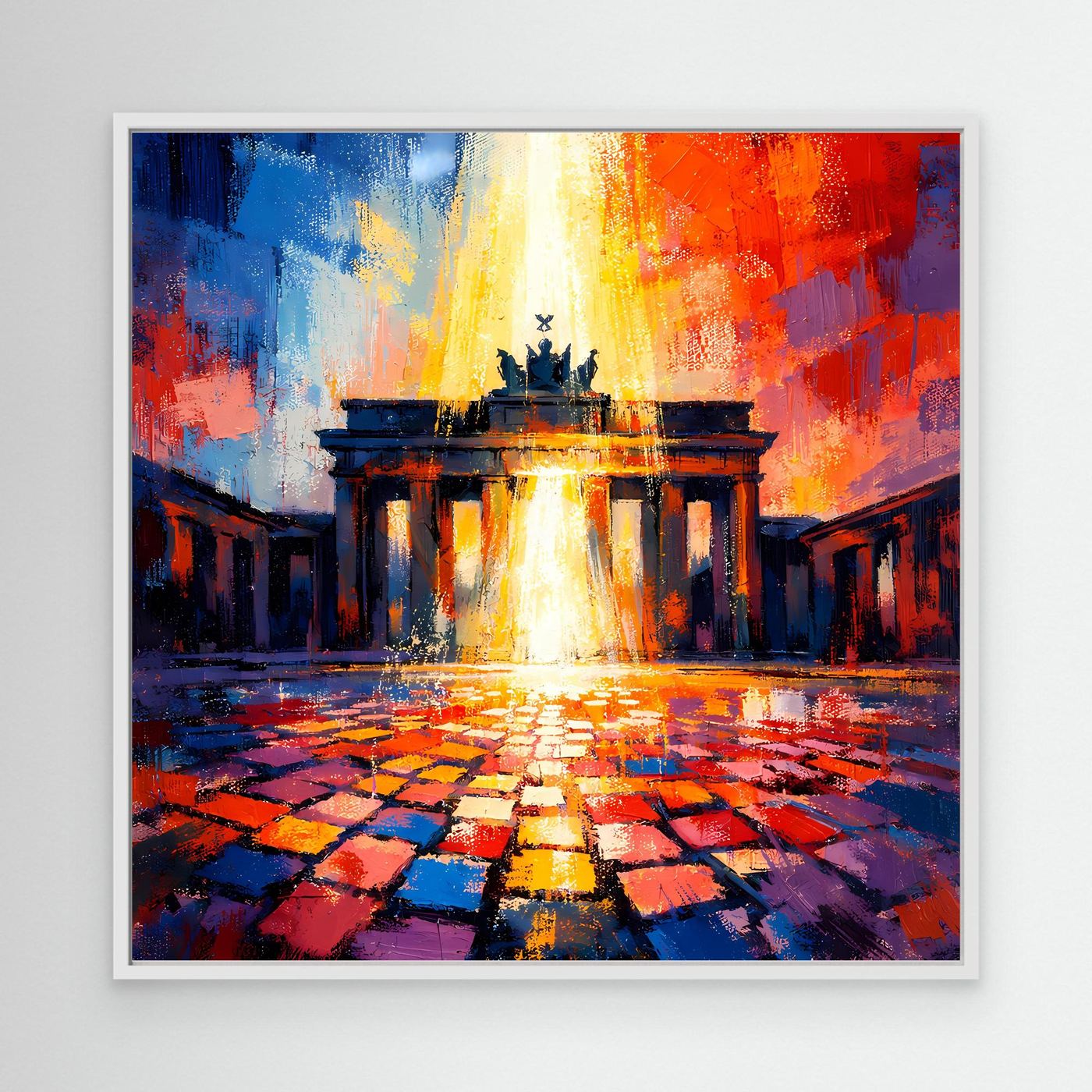 Abstraktes Leinwandbild Brandenburger Tor im Lichtermeer, mehrfarbig, weißer Rahmen