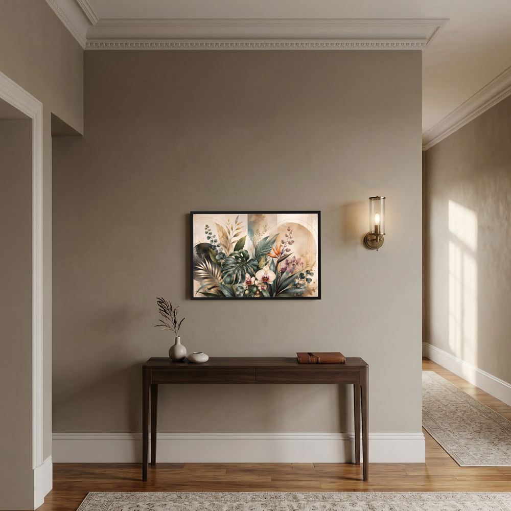 Tropisches Pflanzenposter im Querformat mit Monstera- und Orchideenblüten im Rahmen