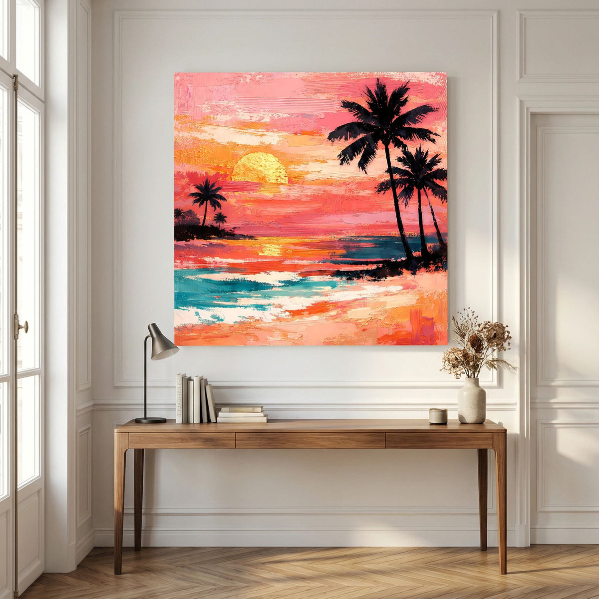 Leinwand Abstraktes Hibiskus Blütenbild | Modernes Tropen Wandbild Rot Pink