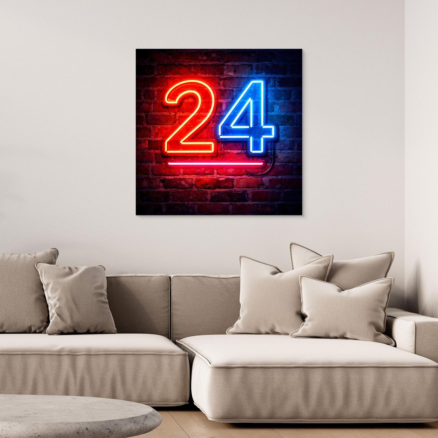 Wandbild mit Neon-Zahl 24 auf Backstein, schwarzer Rahmen