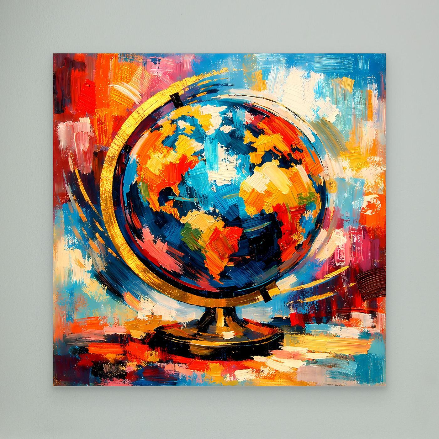 Leinwandbild mit abstraktem Globus und Weltkarte, kräftige Farben in Blau, Orange und Rot