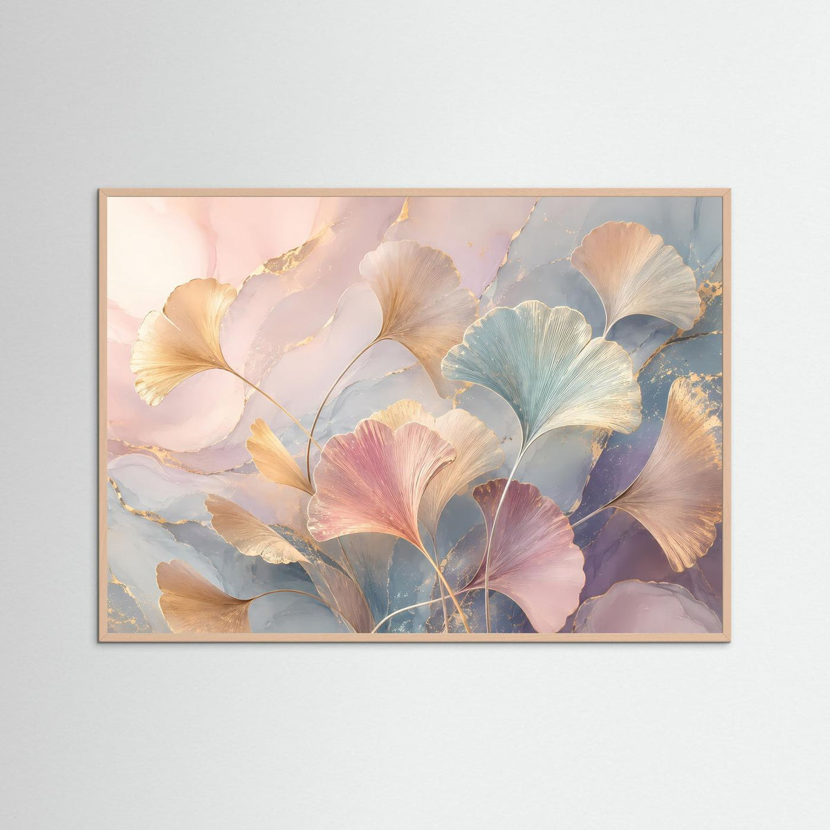 Abstraktes botanisches Poster mit Ginkgo-Blättern in Pastellfarben, im Roséholzrahmen