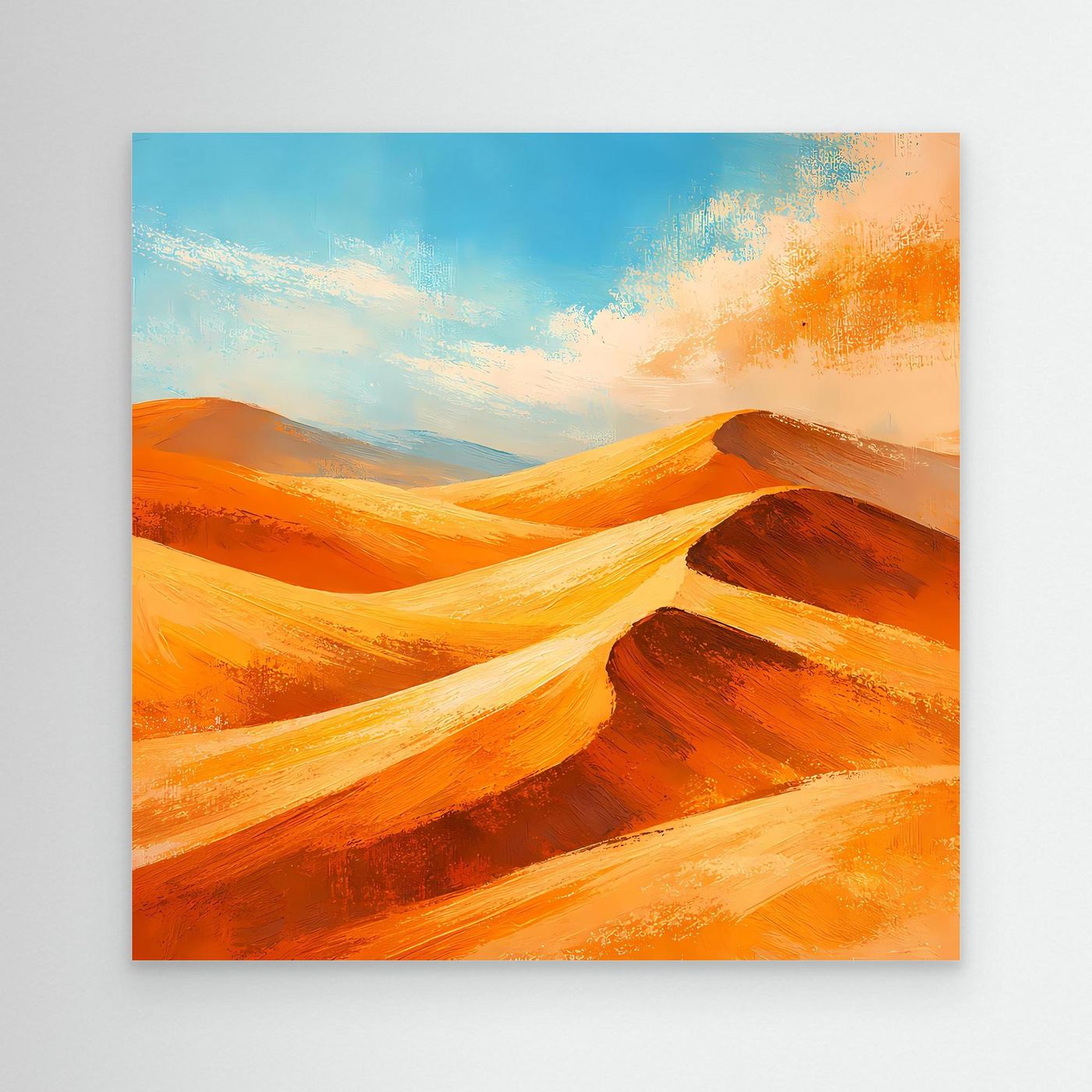 Abstract desert dunes canvas wall art with blue sky and orange gold tones, unframed