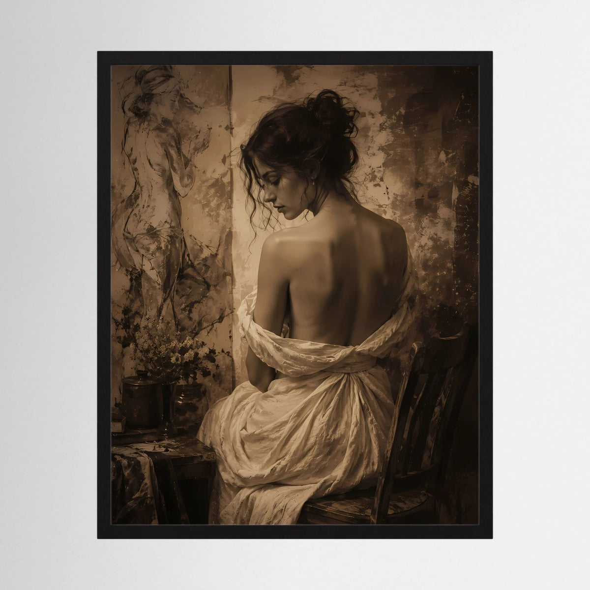 Gerahmter Kunstdruck mit Sepia-Rückenansicht einer Frau und weißem Drapiertuch im Vintage-Stil.