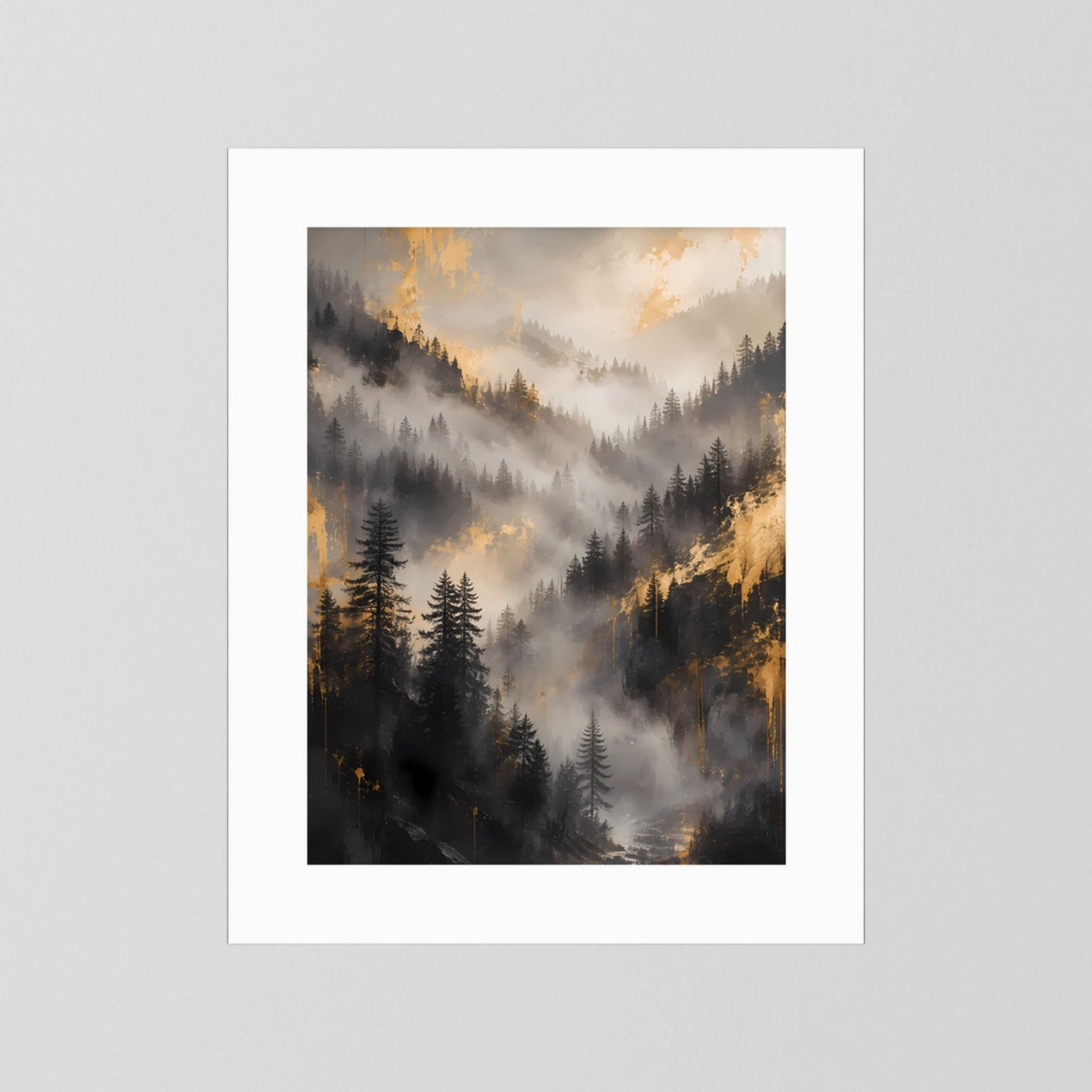 Poster im Hochformat mit nebligem Waldtal, Tannen und warmen Akzenten, weißer Passepartout