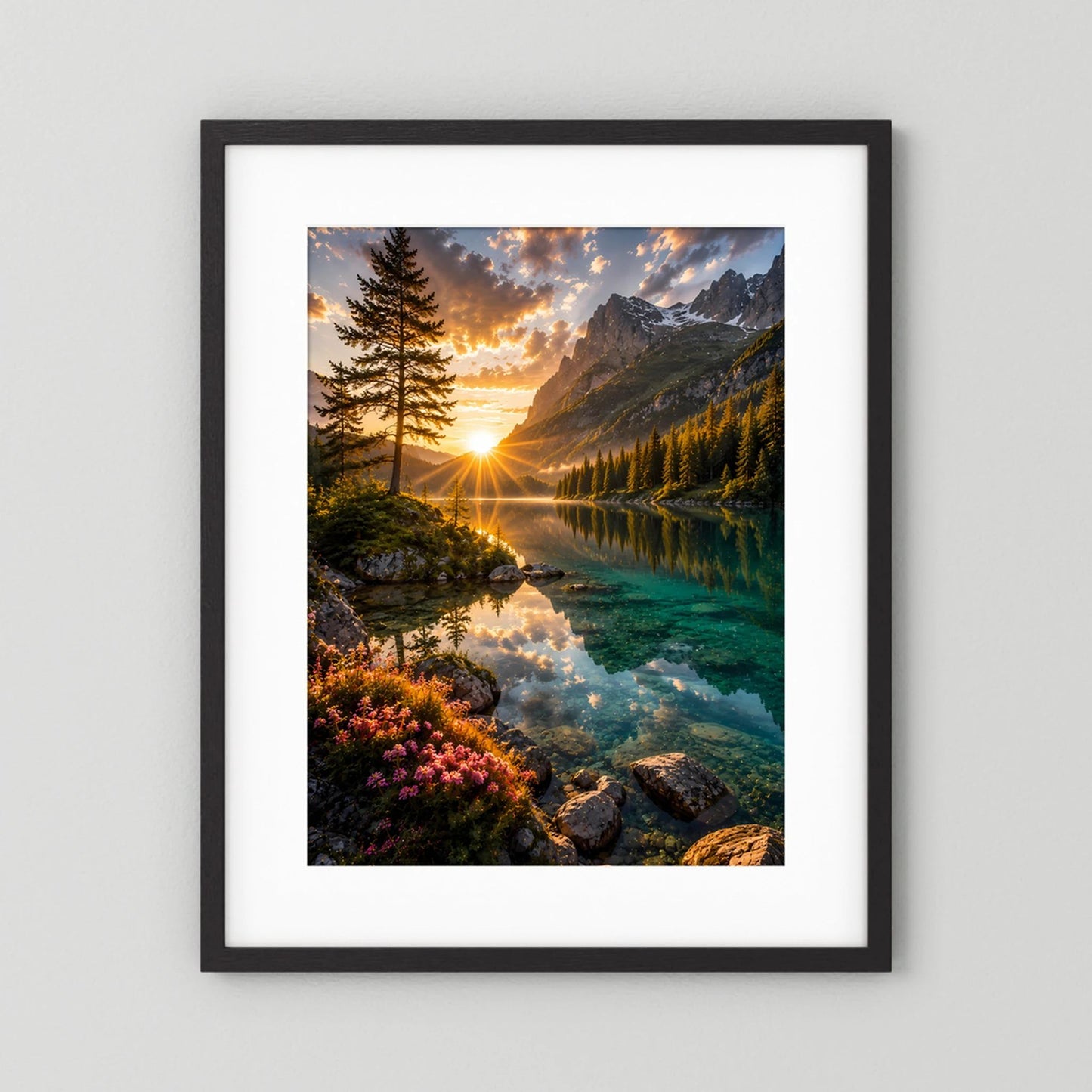 Bergsee im Sonnenuntergang | Alpenlandschaft mit Spiegelung | Poster Hochformat