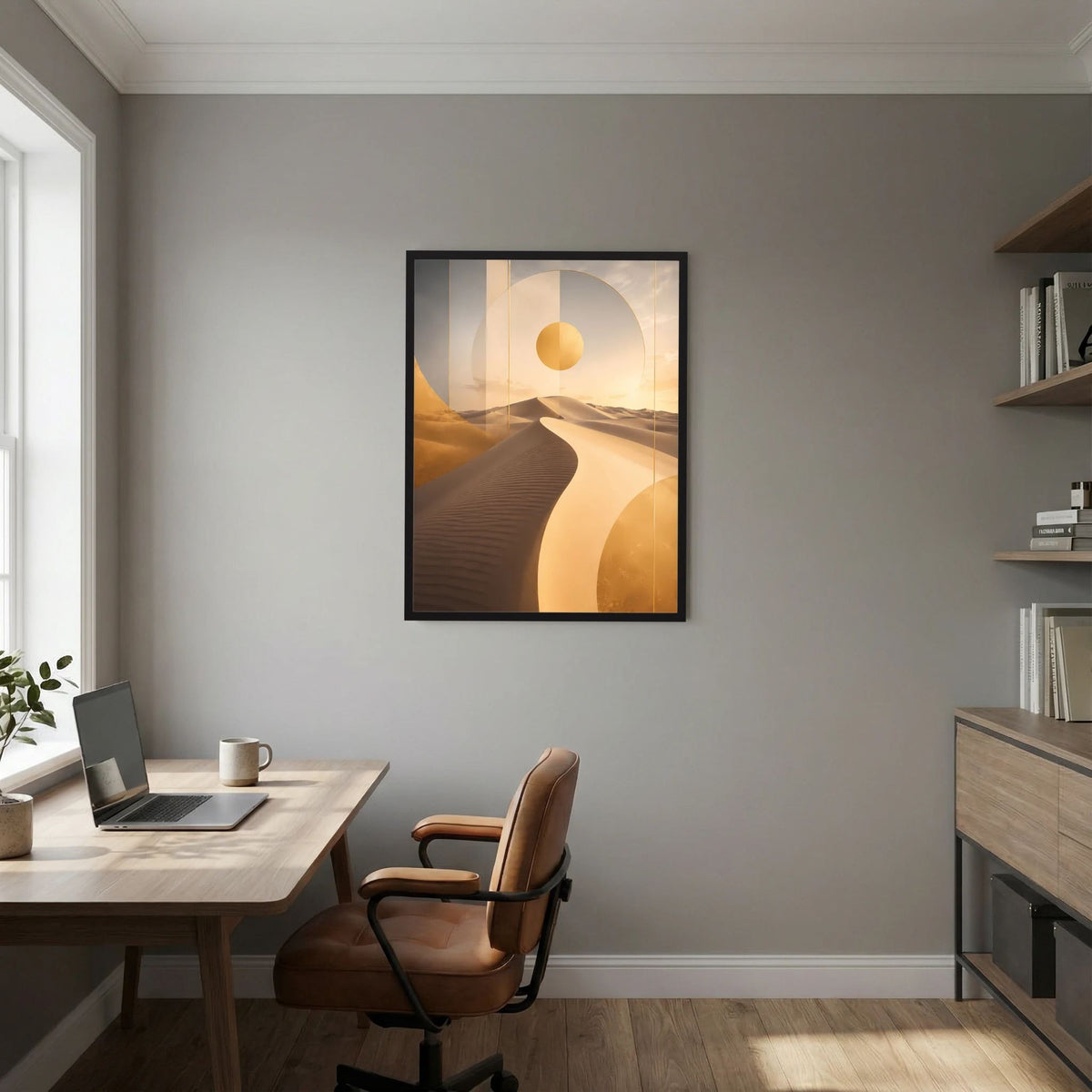 Hochformatiges Poster mit abstrakten Dünen und goldener Sonne im schwarzen Rahmen