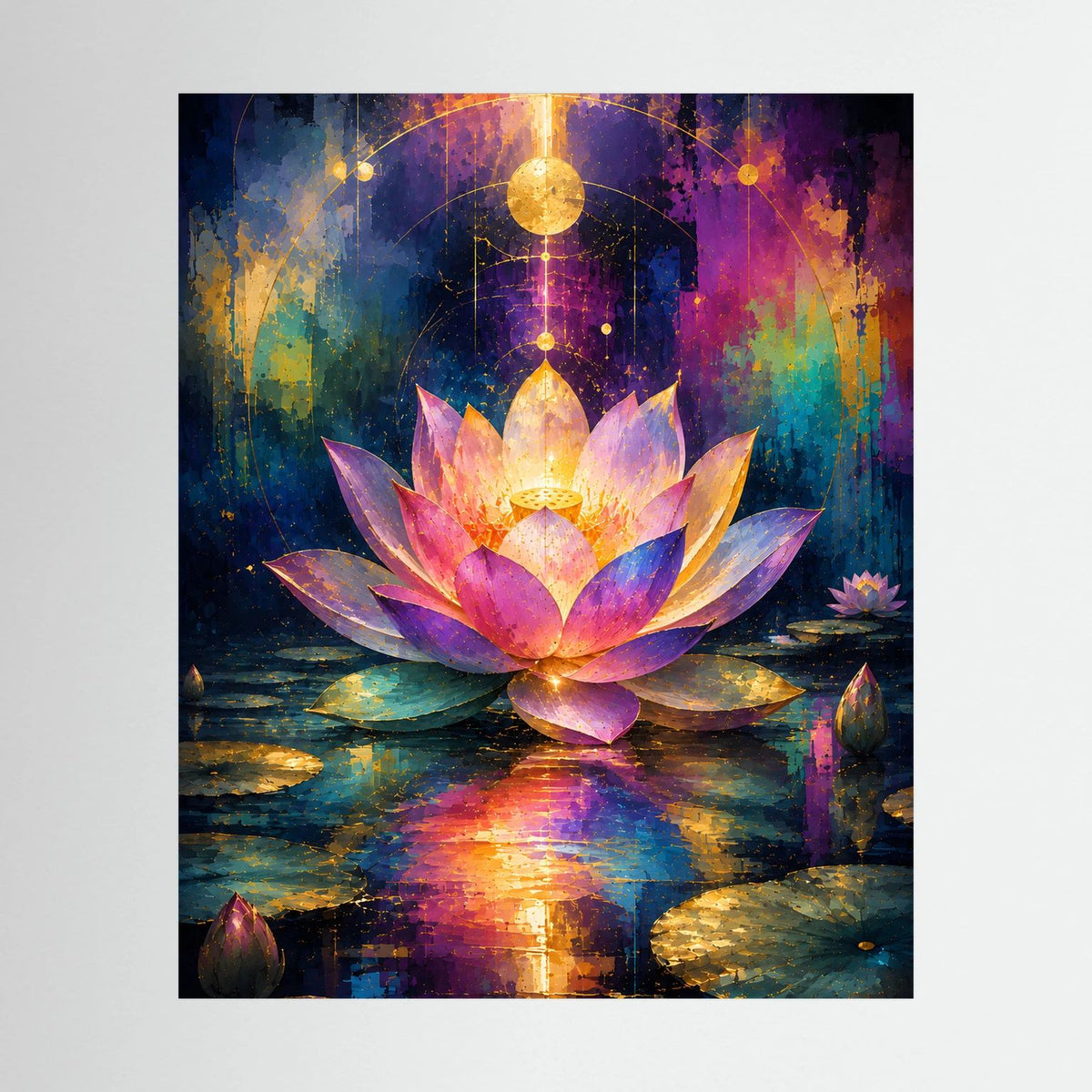 Lotusblüten-Poster im Hochformat: leuchtende pink-goldene Blume mit Spiegelung