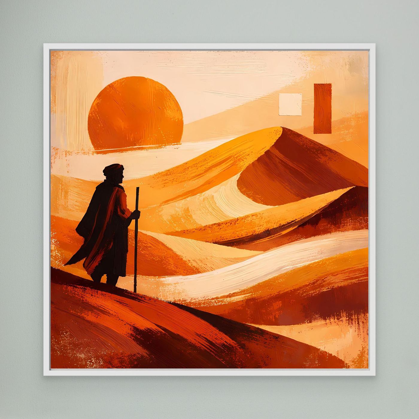 Leinwandbild: orange Wüstenlandschaft mit Sonne und Wanderfigur, weiß gerahmt