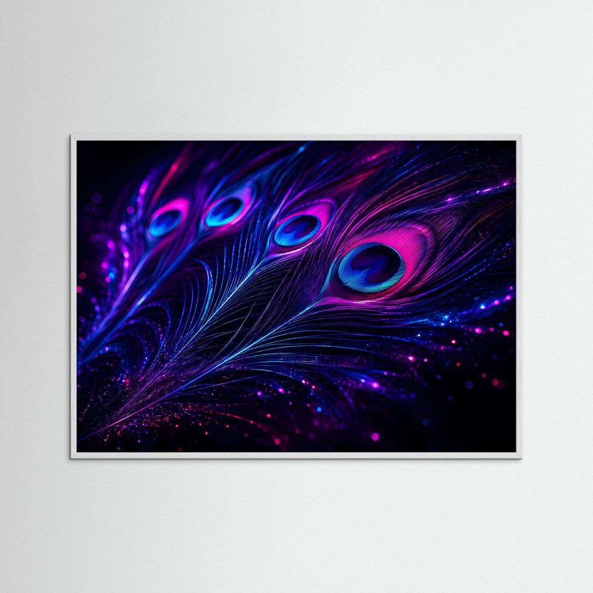 Leuchtende Feder-Wandkunst im dunklen Rahmen mit magenta-blauen Schimmerpunkten