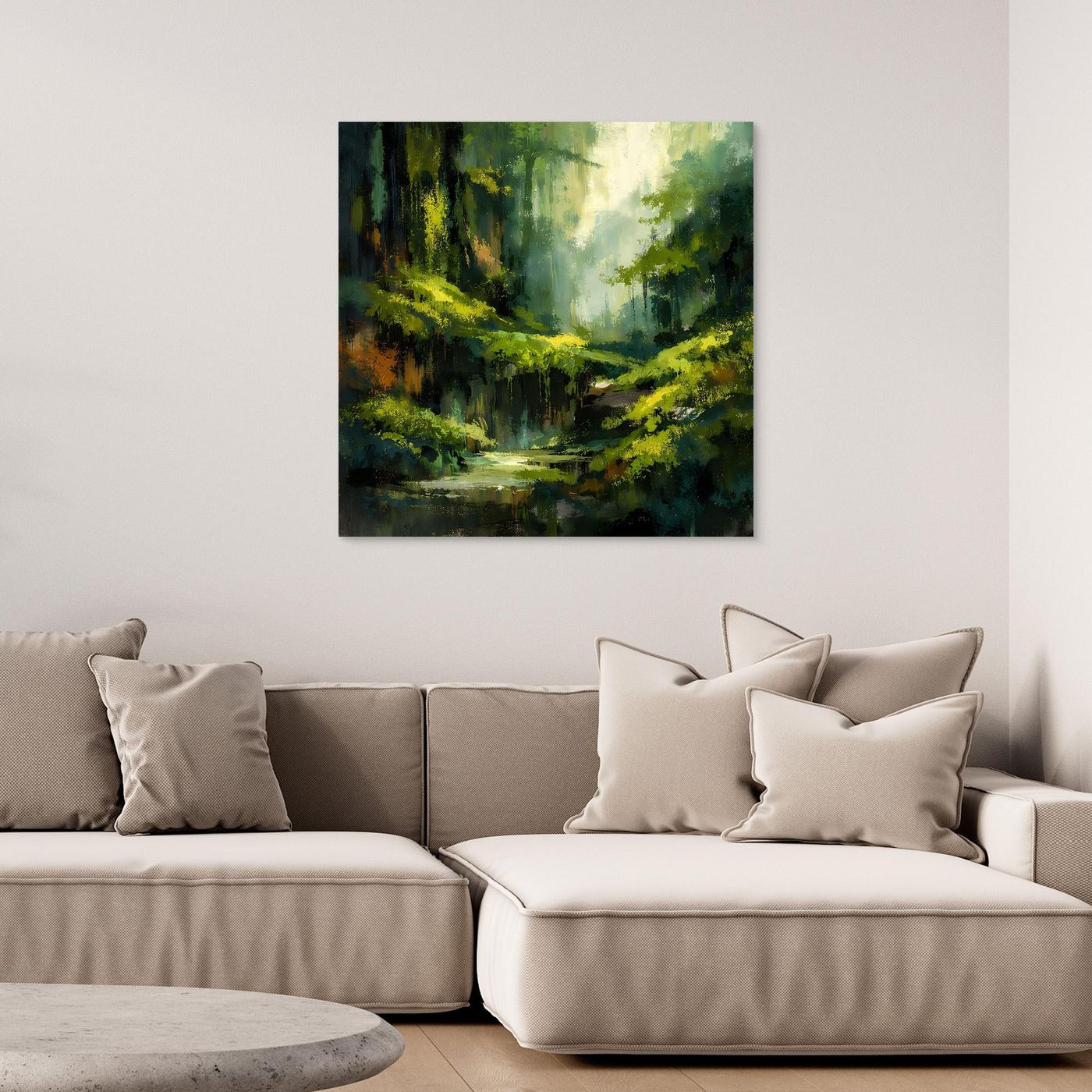 Wandbild mit abstraktem Dschungelpfad, grünes Waldmotiv, dunkler Rahmen