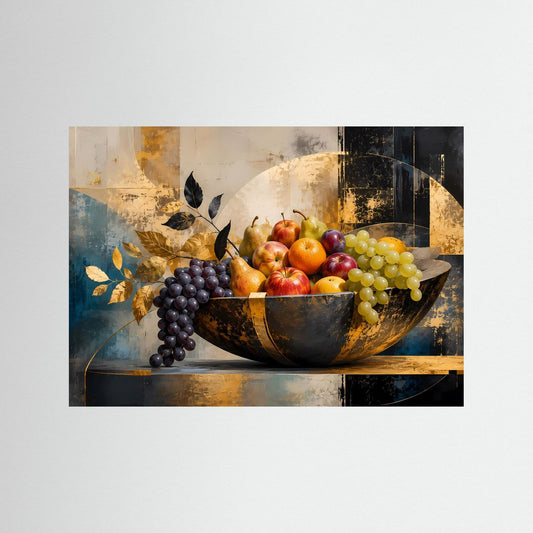 Poster mit Obstschale: dunkle Schale mit goldenen Akzenten und Trauben im Stillleben