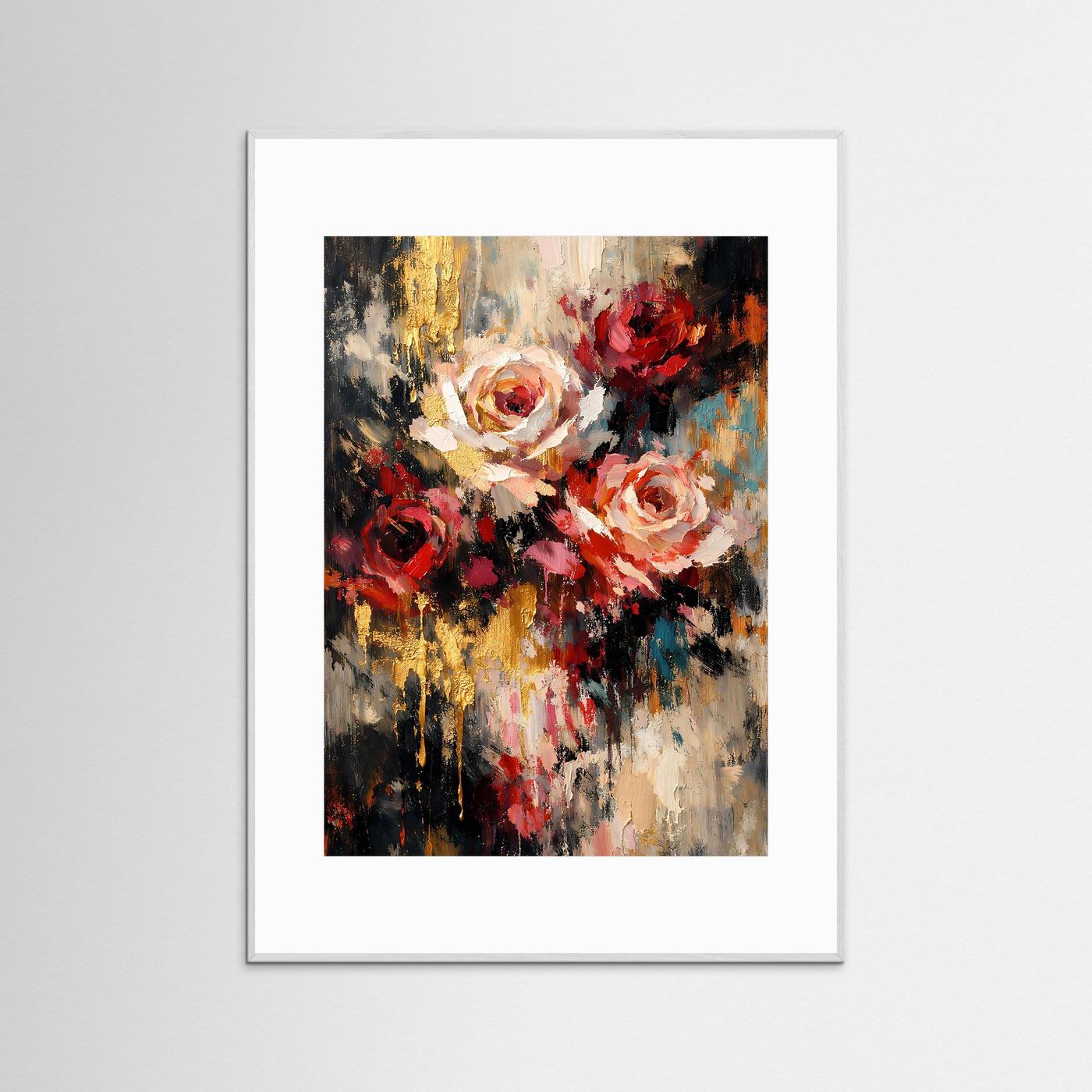 Kunstposter im Hochformat mit abstrakten Rosen in Rot, Creme und Gold; grauer Rahmen