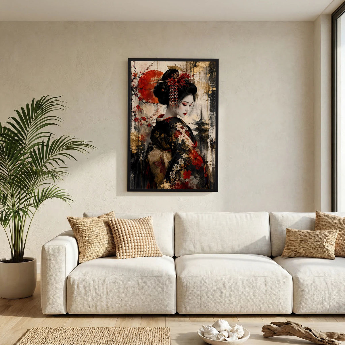 Hochformat-Poster mit Porträt einer Frau im schwarzen Blumen-Kimono, roter Kreis