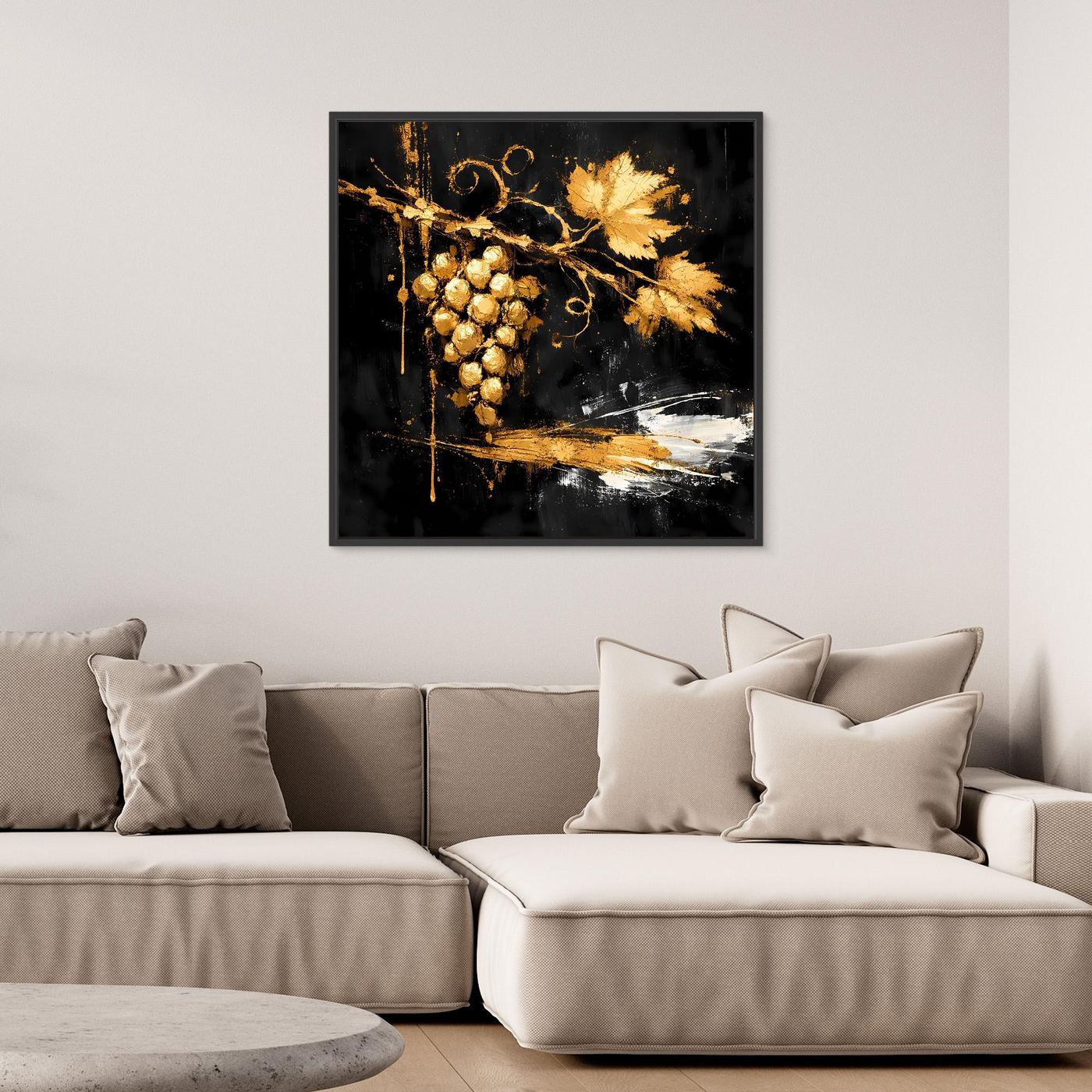Leinwand Goldene Weintrauben auf Schwarz | Modernes Luxus Wandbild Küche & Wohnzimmer