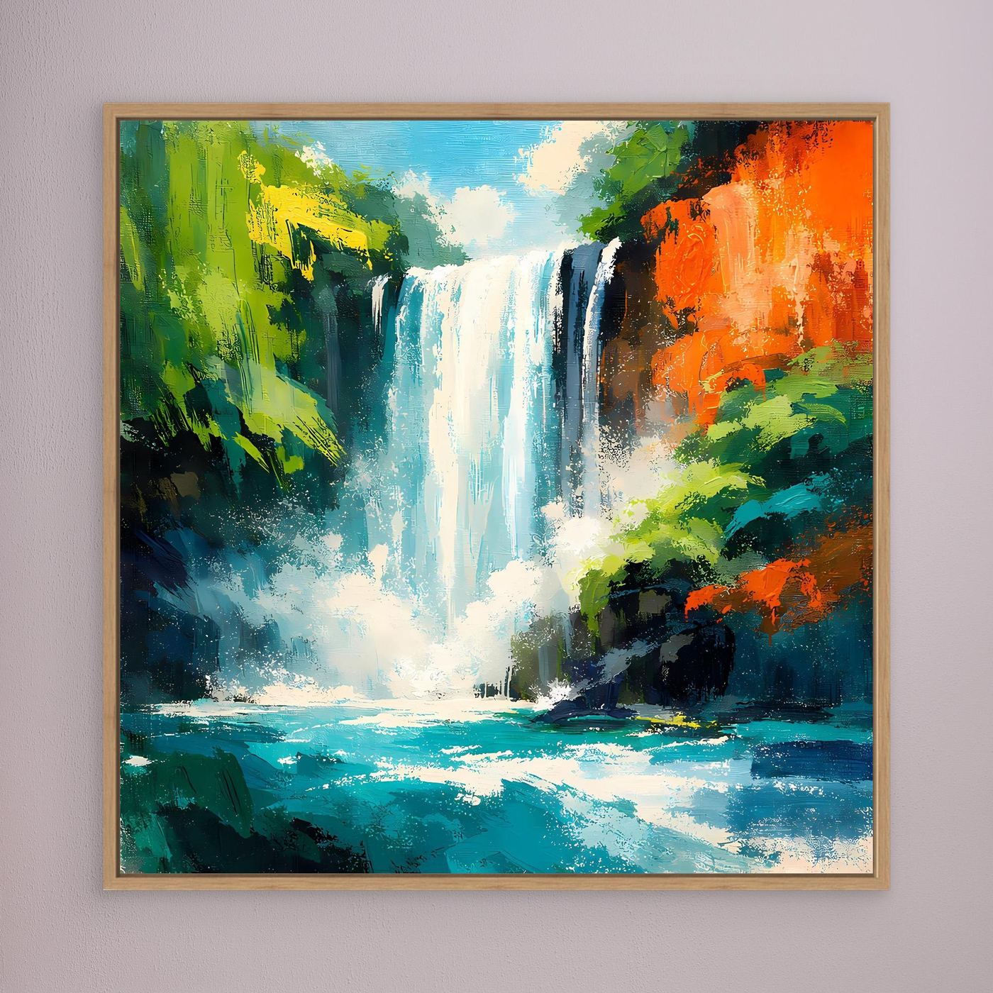 Leinwandbild mit tropischem Wasserfall im Dschungel, Holzrahmen in Eiche