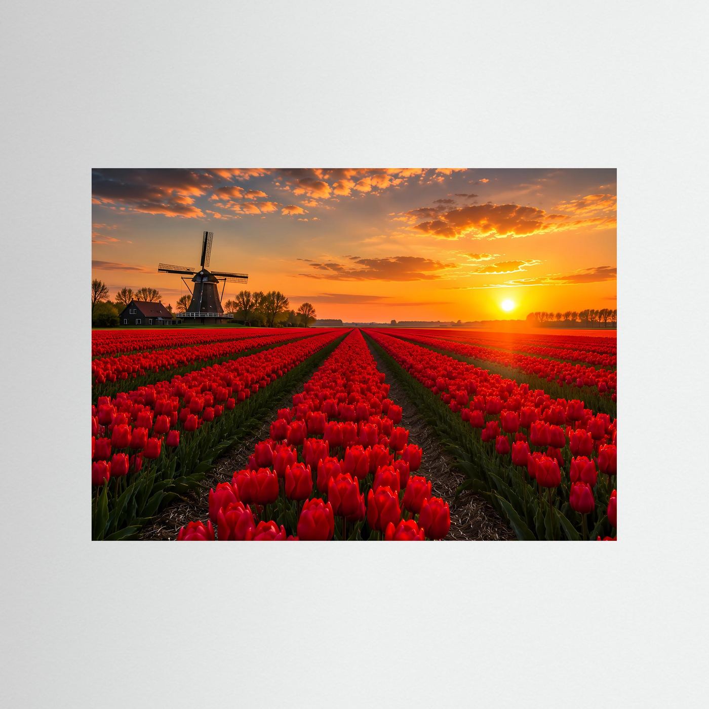 Rotes Tulpenfeld Holland Poster Querformat | Windmühle & Sonnenuntergang