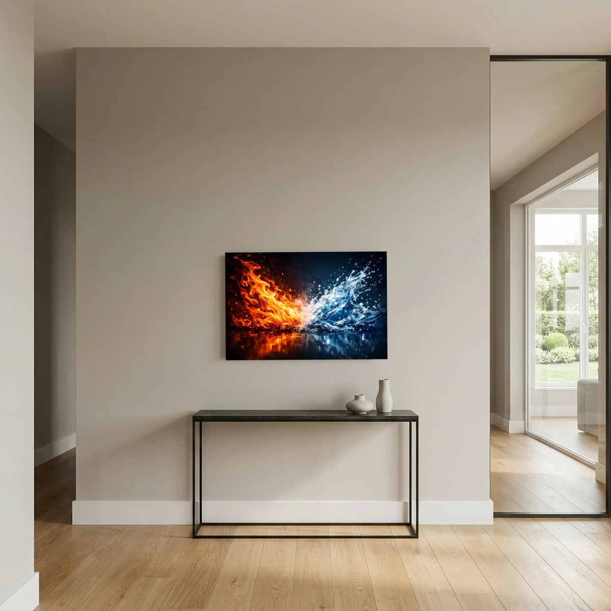 Kunstposter im schwarzen Rahmen mit Flammen-und-Wasser-Motiv, Querformat