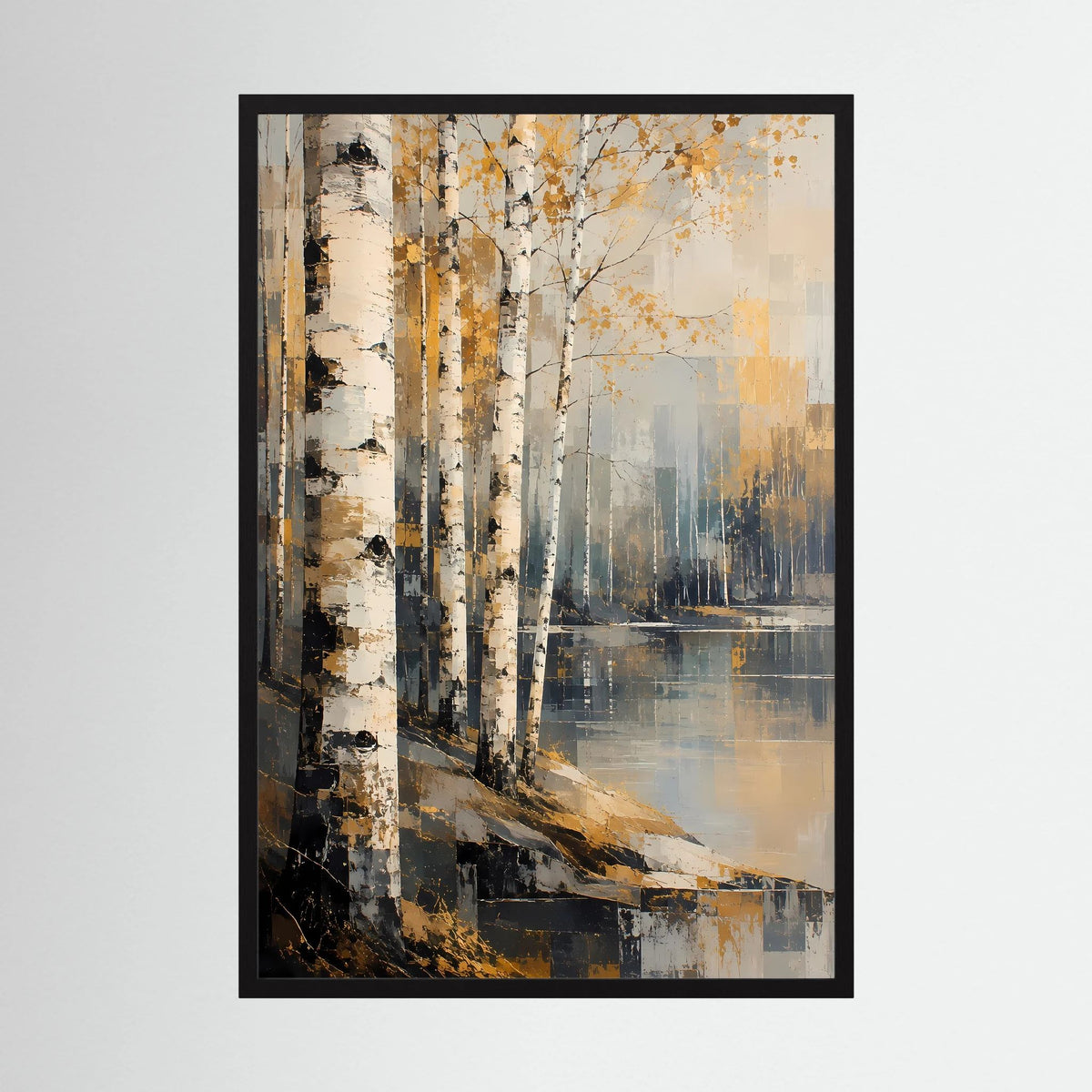 Poster mit abstrakter Birkenwald-Szene in Gold und Beige, schwarz gerahmt, Hochformat