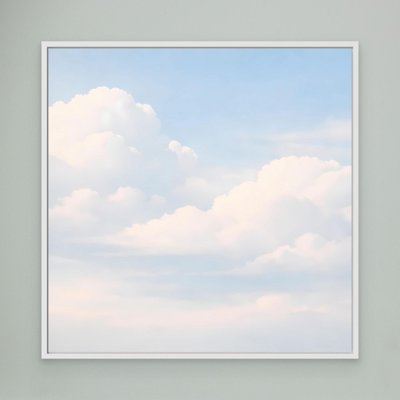 Quadratisches Leinwandbild mit Wolkenmotiv im pastelligen Himmel, weißer Rahmen