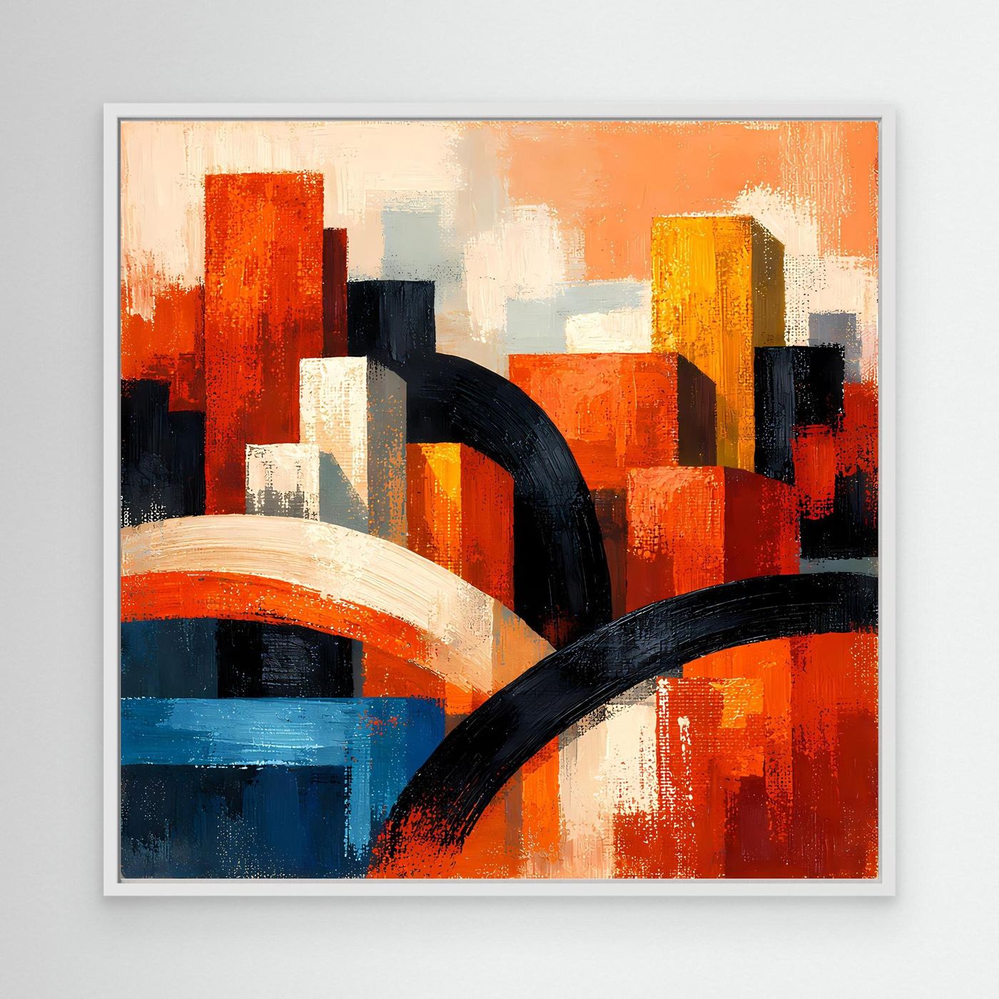 Leinwandbild mit abstrakter Stadt-Silhouette, orangefarbene Türme, blaue Bereiche und schwarze Bögen