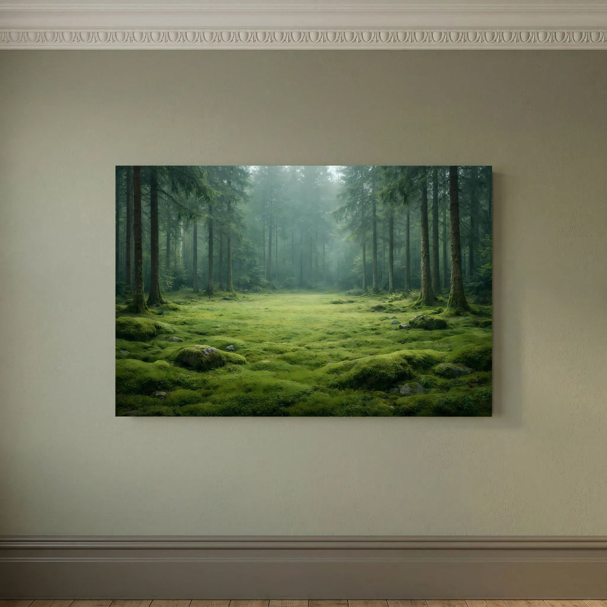 Wandbild im Querformat: dichter Wald mit grünem Moos und nebligem Licht
