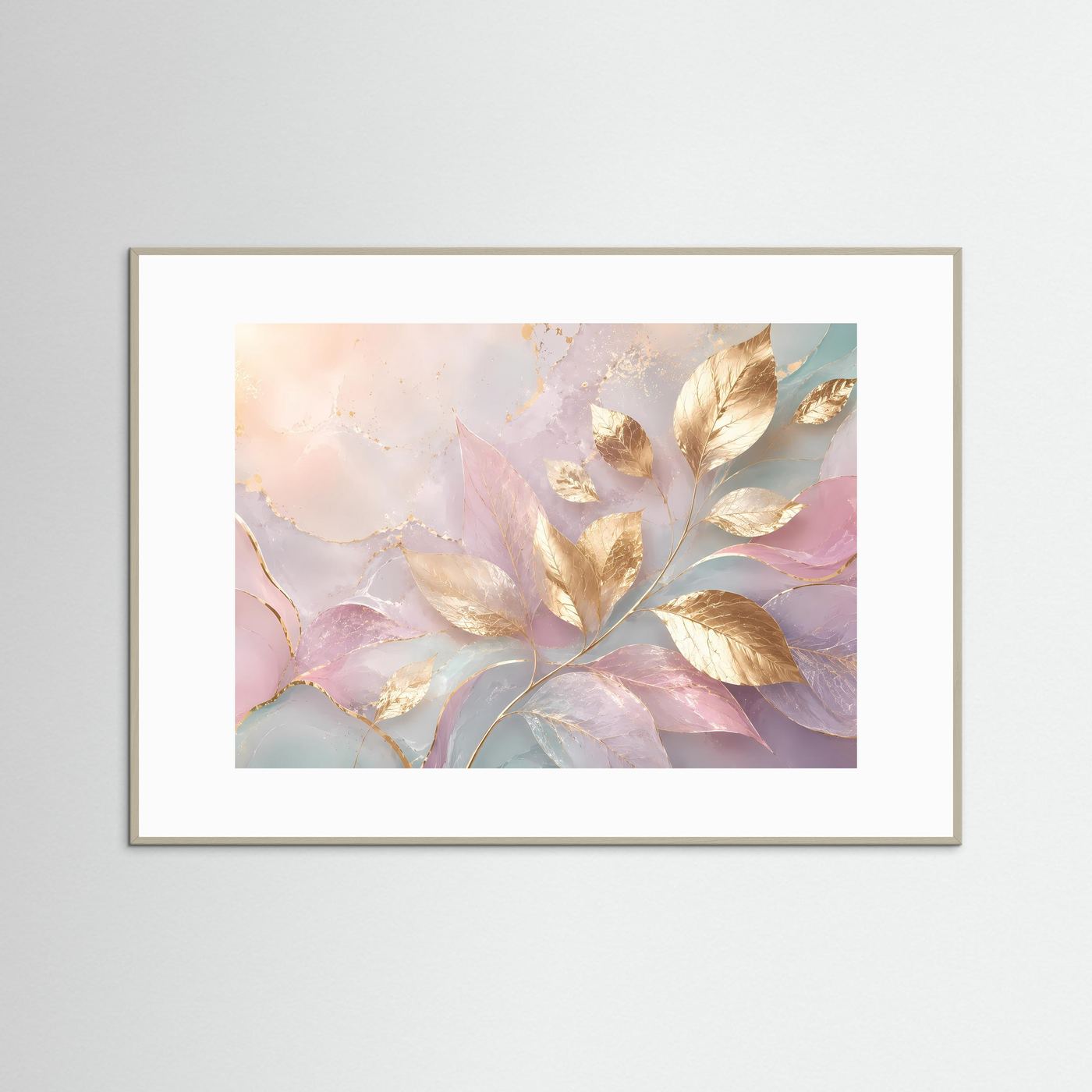 Goldene Blätter Poster | Pastell Wandkunst mit Gold | Elegante Botanische Abstrakte Kunst | Modernes Natur Wandbild